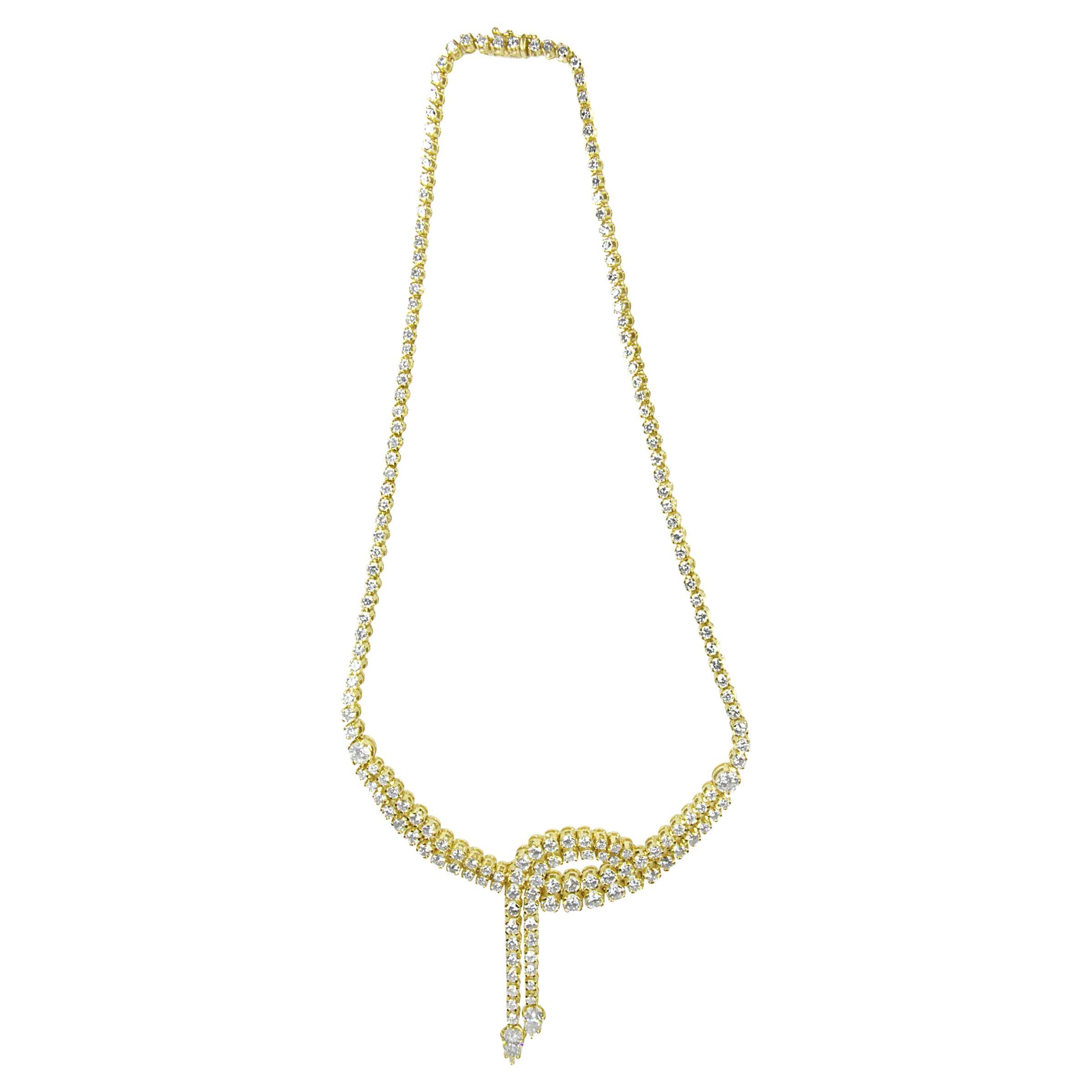 Collier tennis lariat à double rangée de diamants en or jaune 14 carats de 17.0 carats