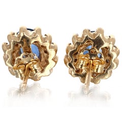 14K Yellow Gold 1.70 Carat Total Weight Oval Natural Sapphire Diamond Halo Studs