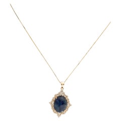 Collana in oro giallo 14K con zaffiro blu ovale da 17,37 ct e diamante da 0,54 ct, 1