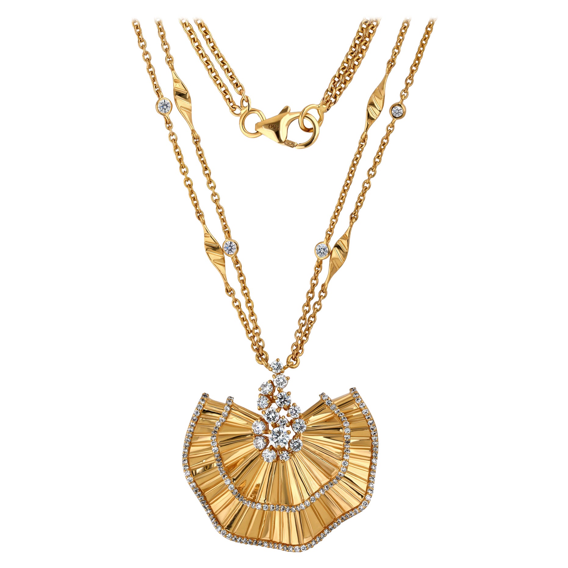 14K Yellow Gold Tiered Scalloped Fan Diamond Necklace, 1.73 cts Statement Gift