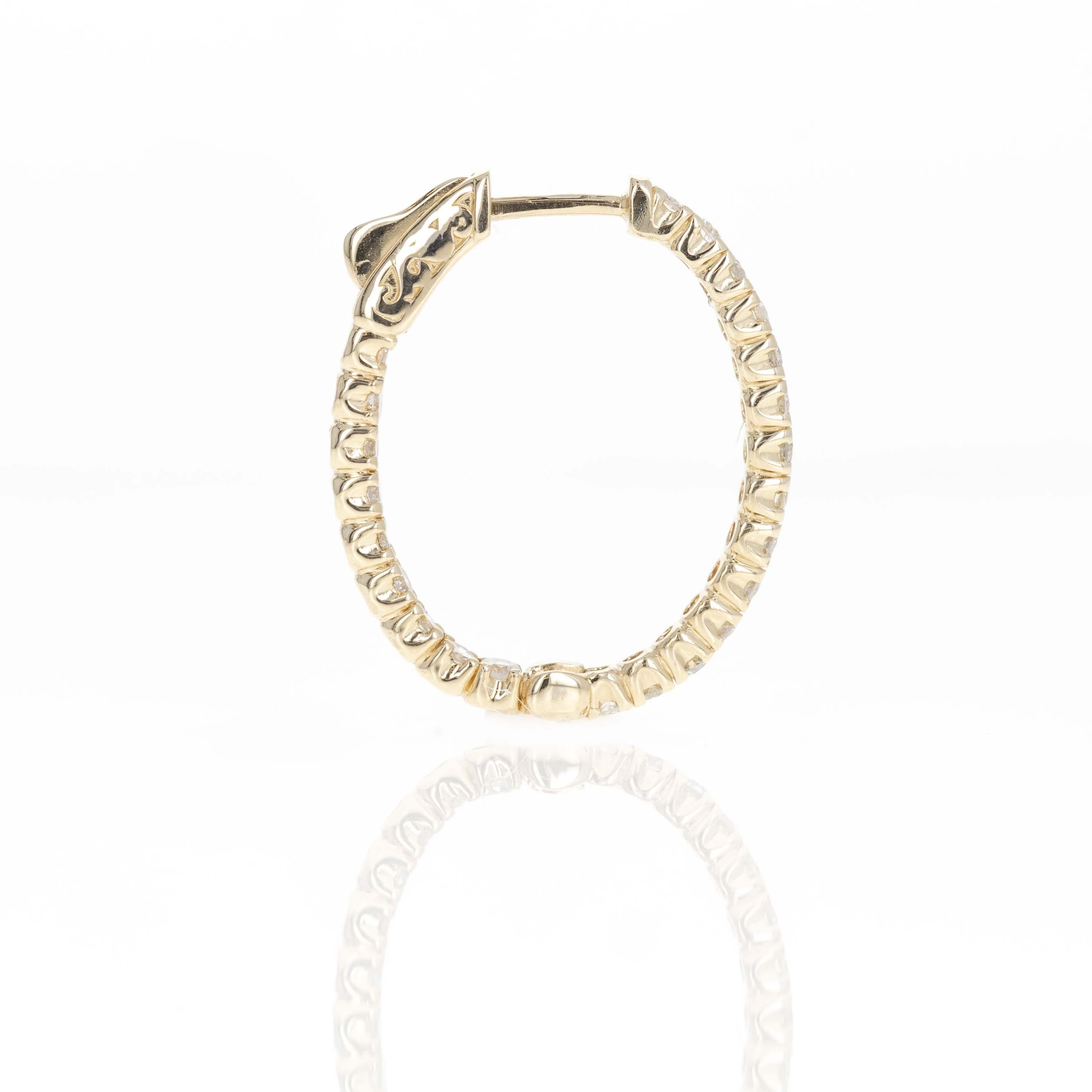 Taille ronde Créoles en or jaune 14 carats avec diamants ronds de 1,75 carat à l'intérieur et à l'extérieur en vente