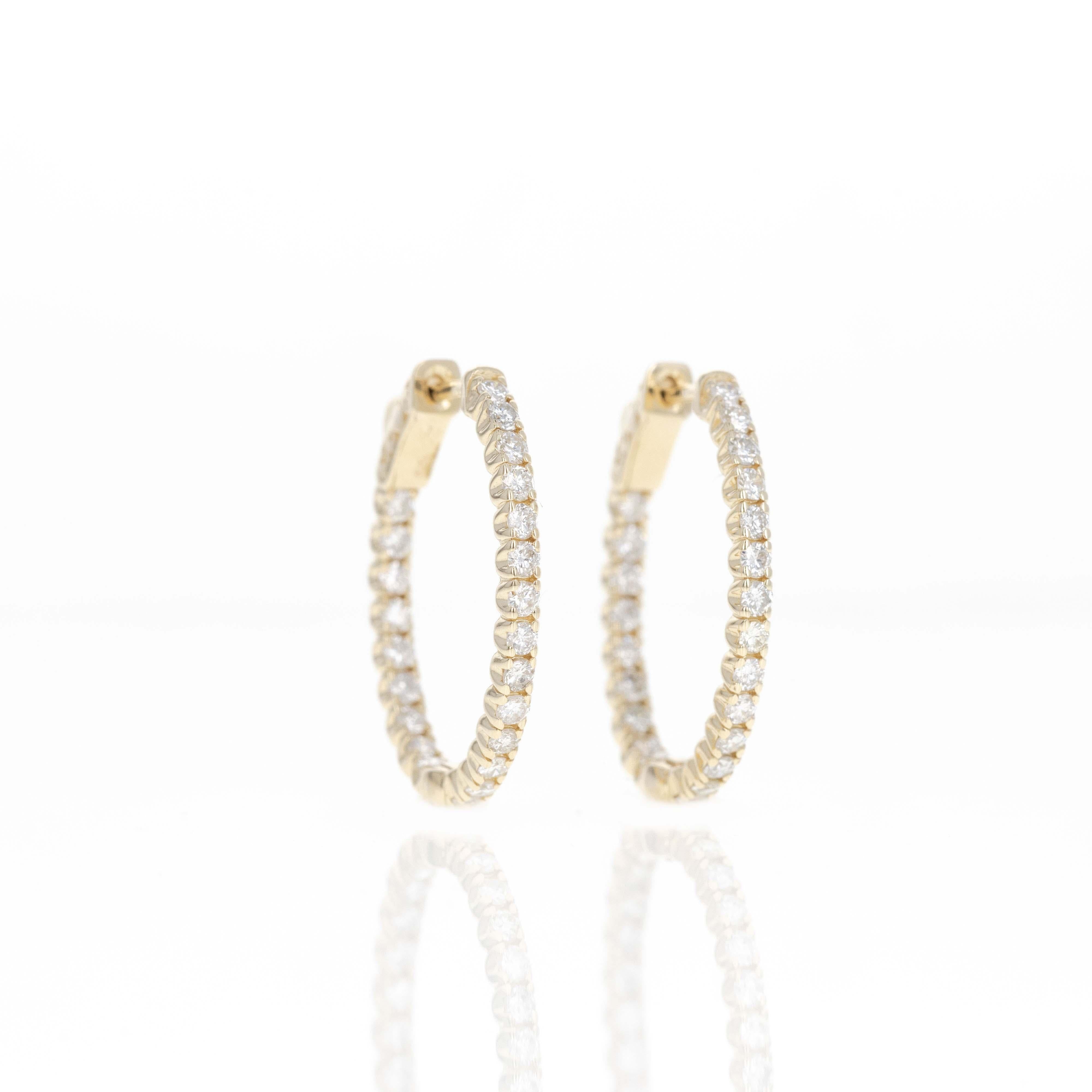 Créoles en or jaune 14 carats avec diamants ronds de 1,75 carat à l'intérieur et à l'extérieur Neuf - En vente à Cape May, NJ