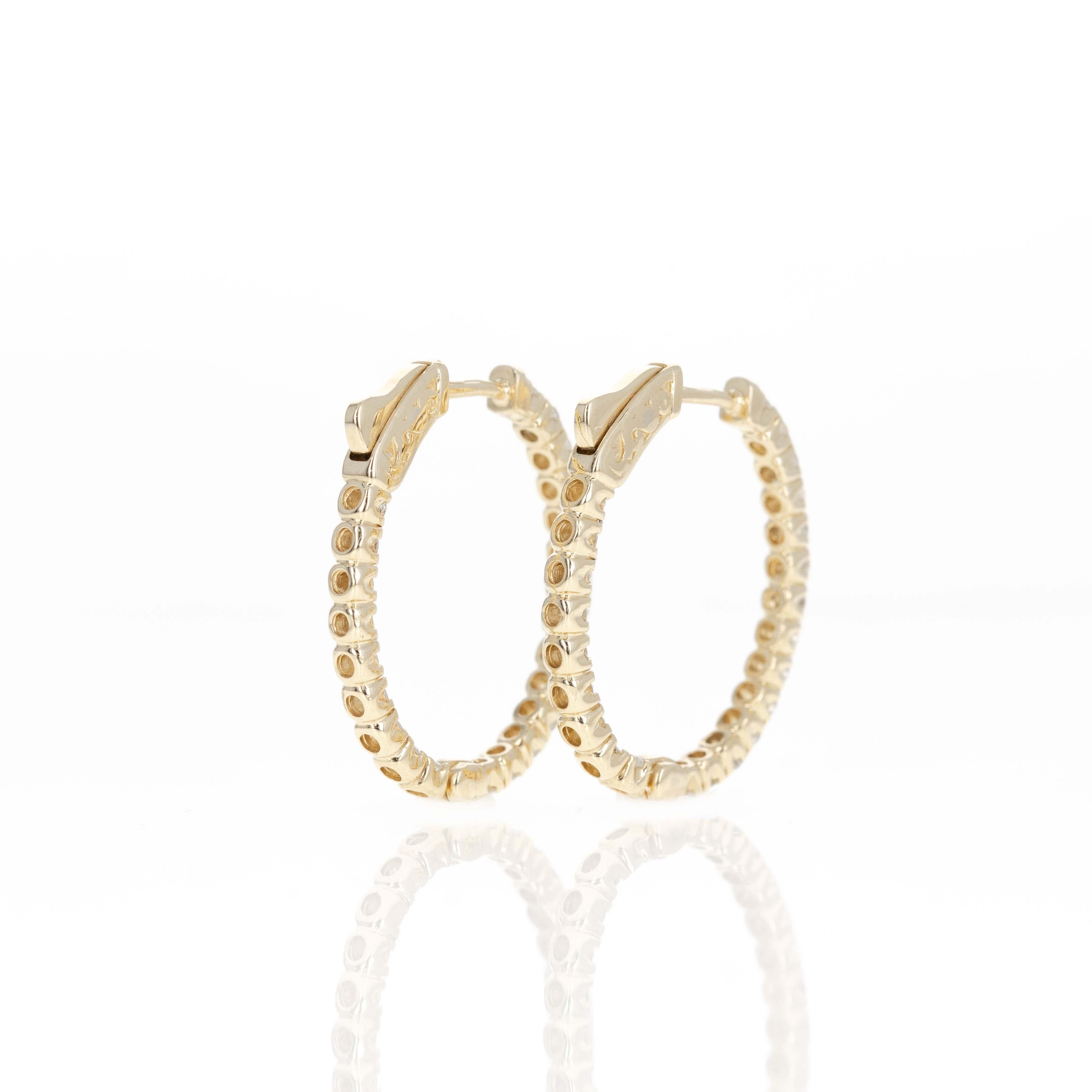 Créoles en or jaune 14 carats avec diamants ronds de 1,75 carat à l'intérieur et à l'extérieur Pour femmes en vente