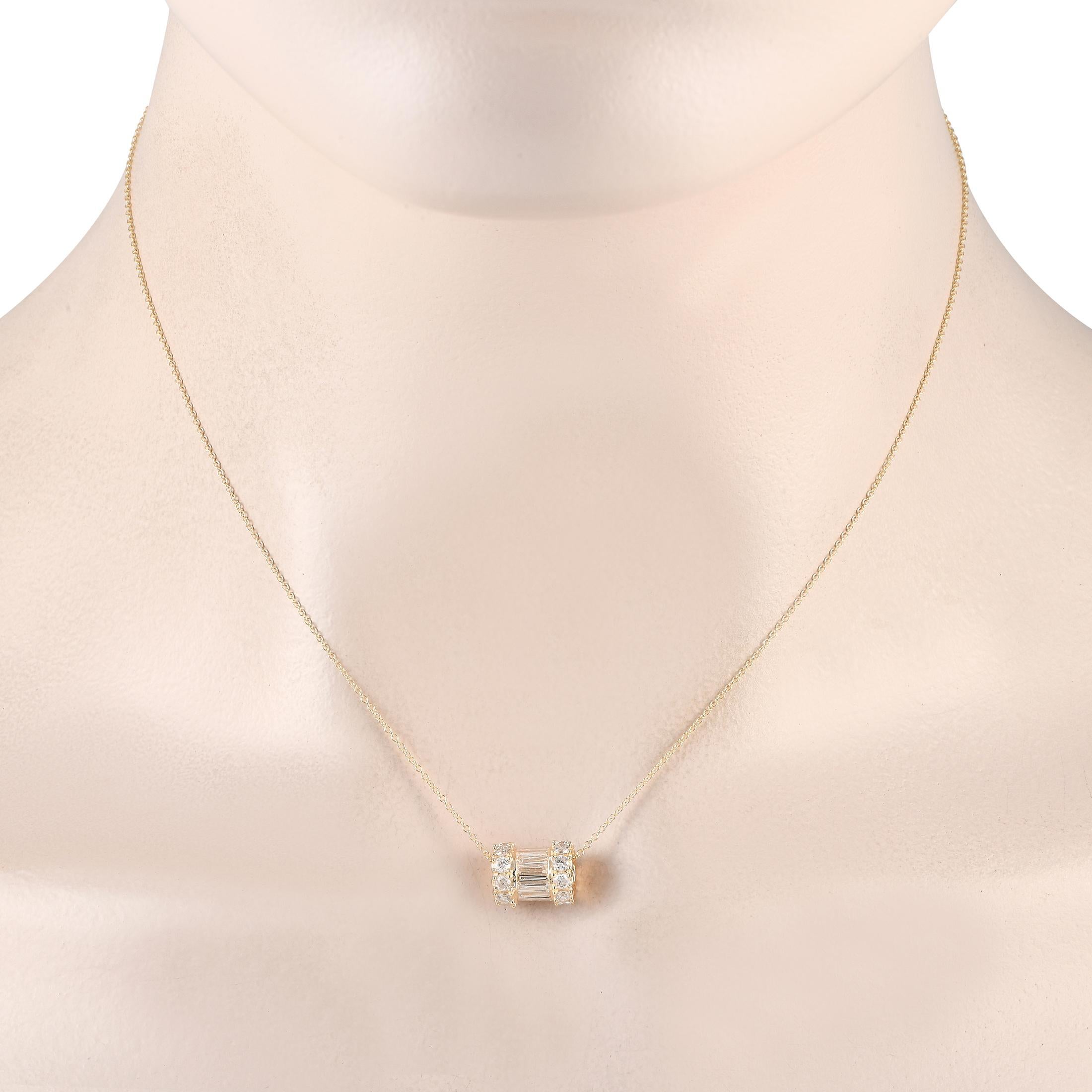 Edgy and delicate at once, this diamond necklace is something you'll reach for day after day. It is made of 14K yellow gold and features a barrel-shaped pendant. The pendant has a cylindrical row of baguette diamonds, bordered by prong-set round