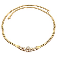 14k Yellow Gold 1.75ctw Diamond Cluster Section Wide V Flat Wheat Link Necklace