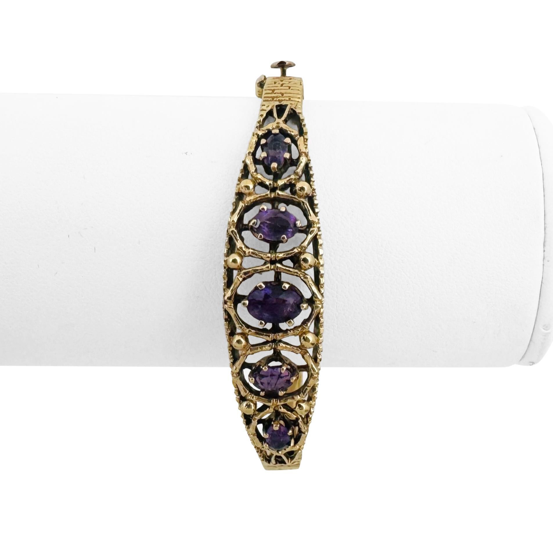 Oval Cut 14k Yellow Gold 17.5g Solid Vintage Amethyst Bangle Bracelet 6.5
