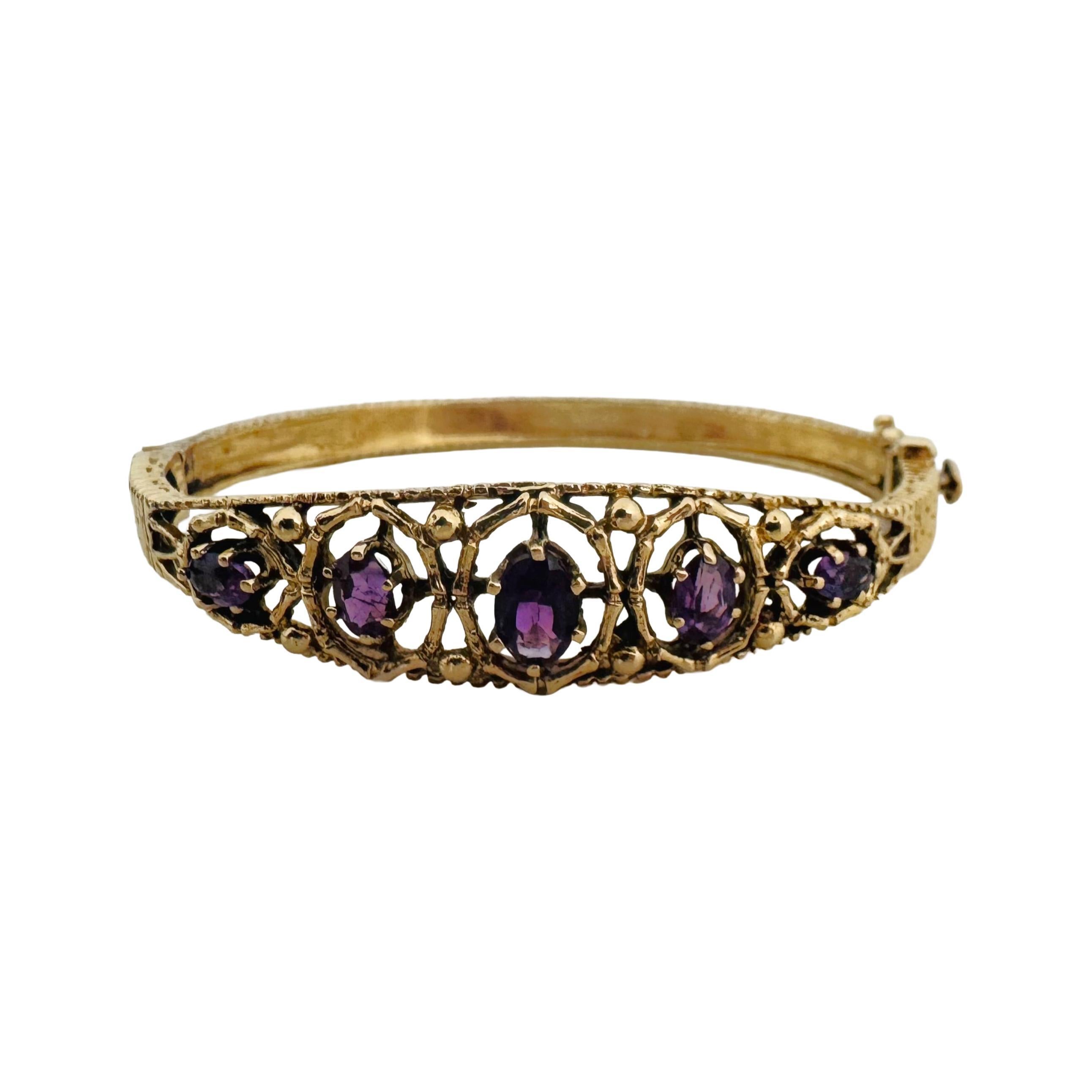 14k Yellow Gold 17.5g Solid Vintage Amethyst Bangle Bracelet 6.5