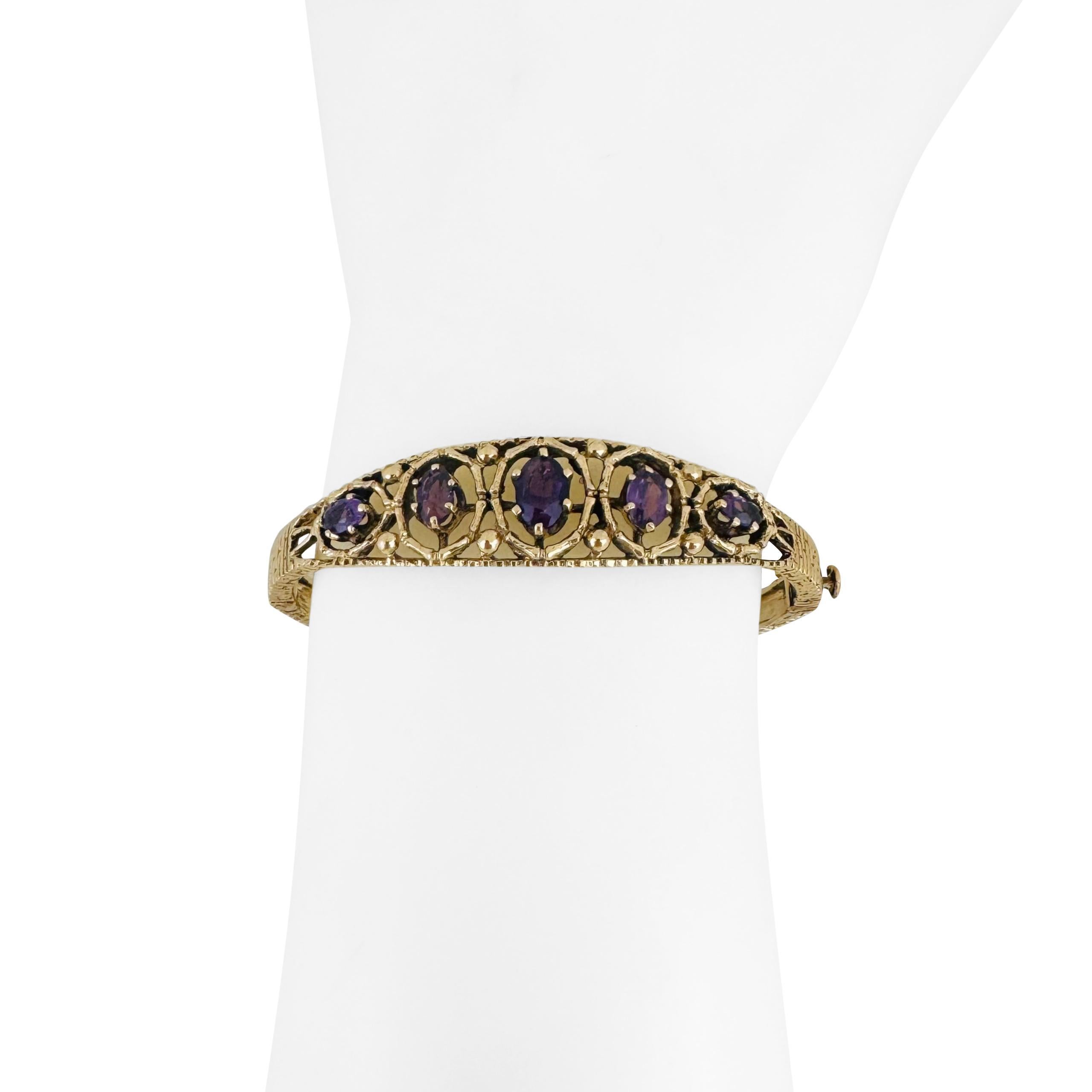 14k Yellow Gold 17.5g Solid Vintage Amethyst Bangle Bracelet 6.5