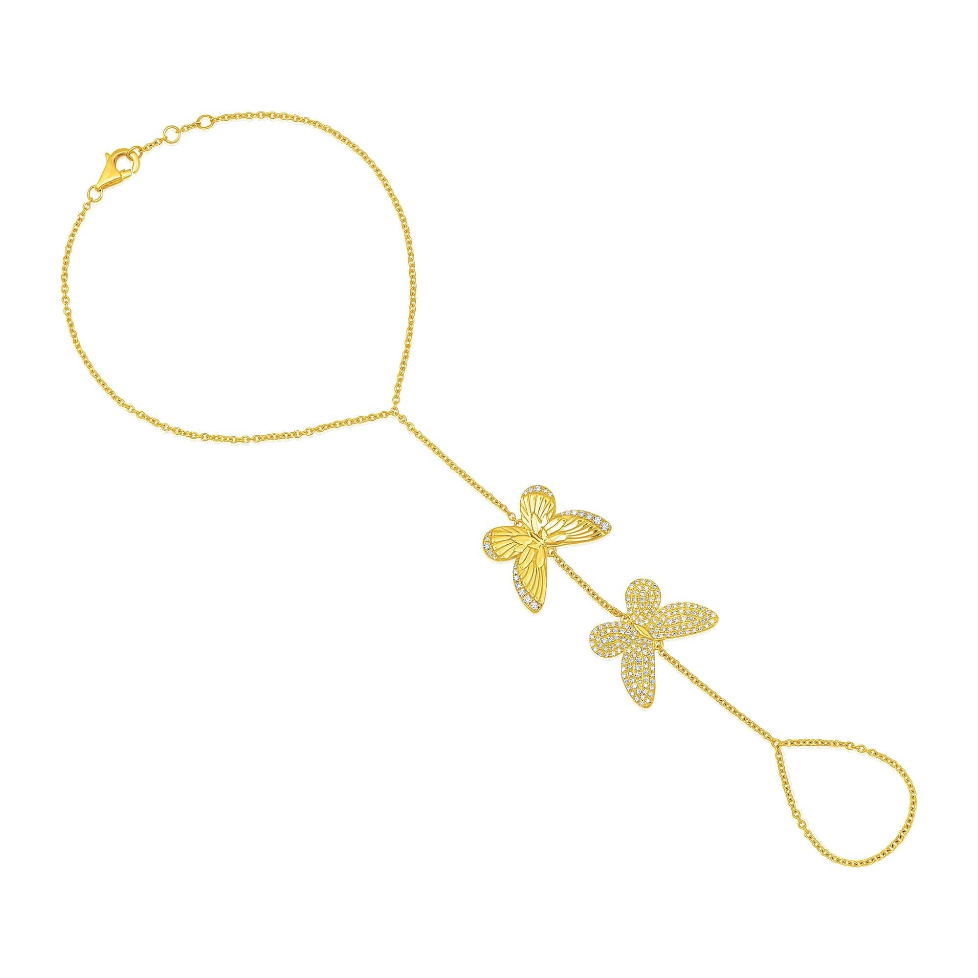 Moderne Chaîne à main libellule double libellule en or jaune 14 carats 176 diamants en vente