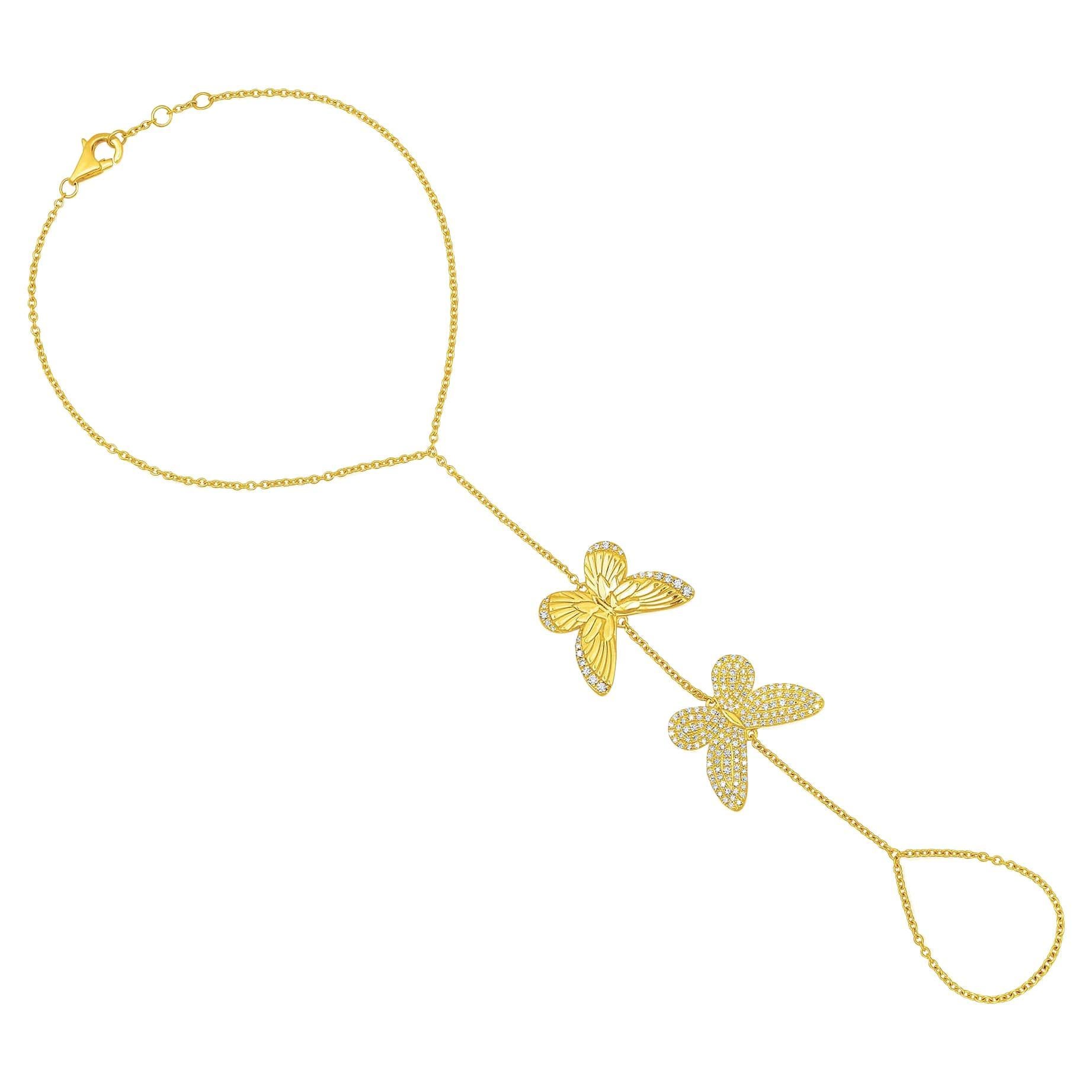 Chaîne à main libellule double libellule en or jaune 14 carats 176 diamants