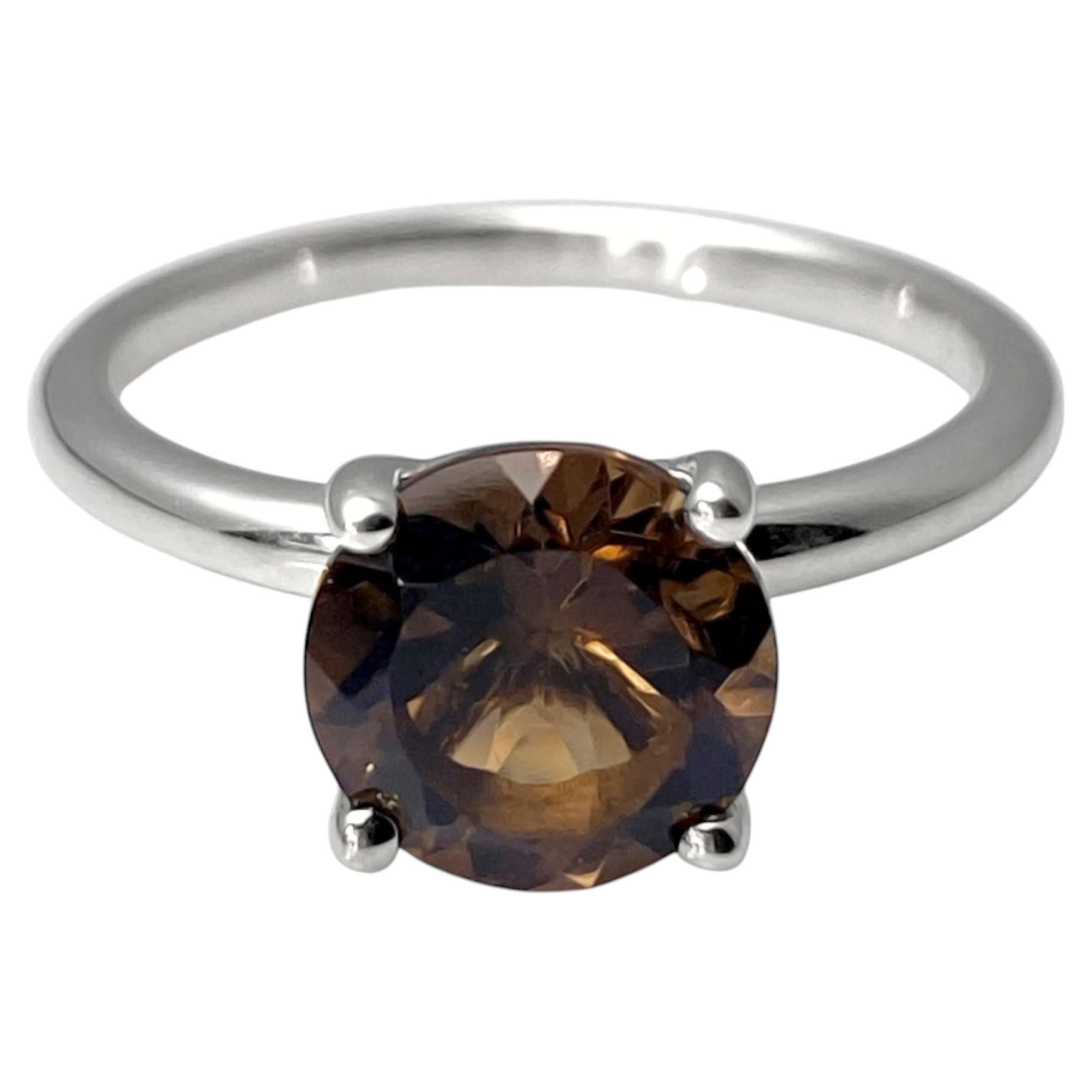 14K White Gold 1.78ct Round Brilliant Cut Smoky Quartz Ring For Sale