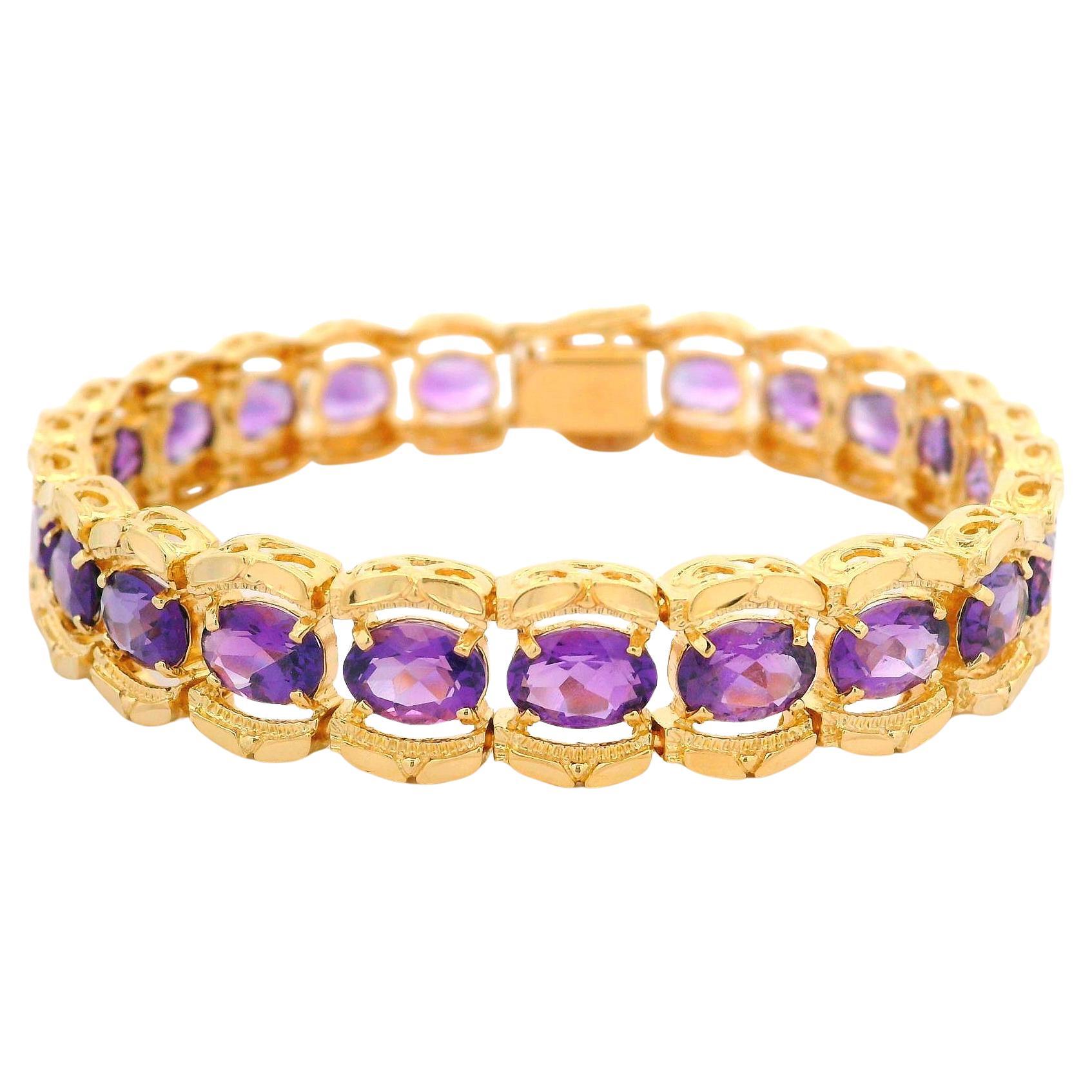 14k Yellow Gold 17ctw Oval Amethyst w/ Diamond Cut Sides Wide Strap Bracelet