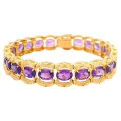 14k Yellow Gold 17ctw Oval Amethyst w/ Diamond Cut Sides Wide Strap Bracelet