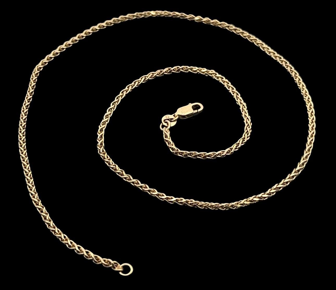 Material: Solid 14k Yellow Gold
Weight: 10.3 Grams
Chain Type: Faceted Wheat Link
Chain Length: 18