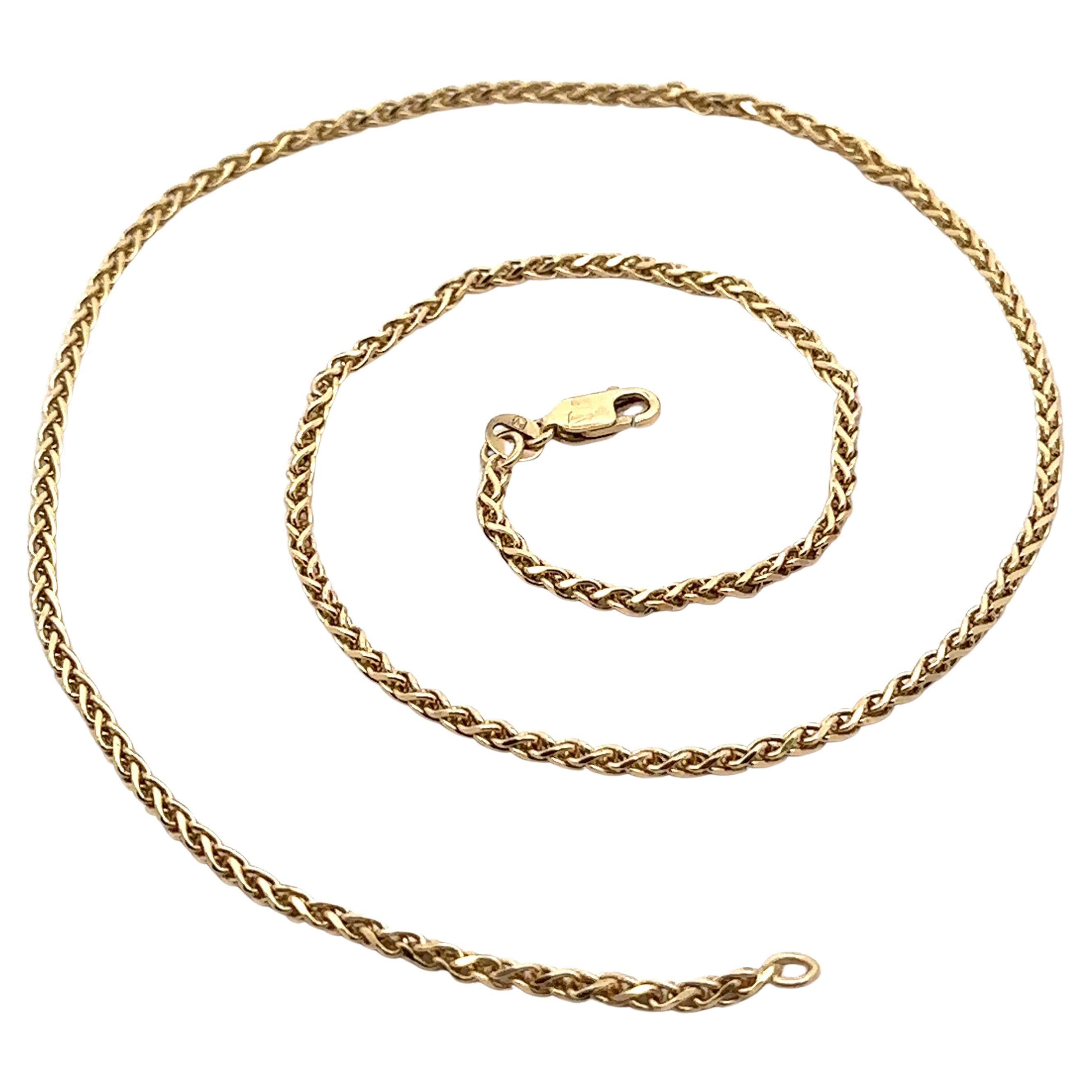14k Yellow Gold 18" Faceted Wheat Link Chain Necklace w/ Lobster Claw Clasp For Sale