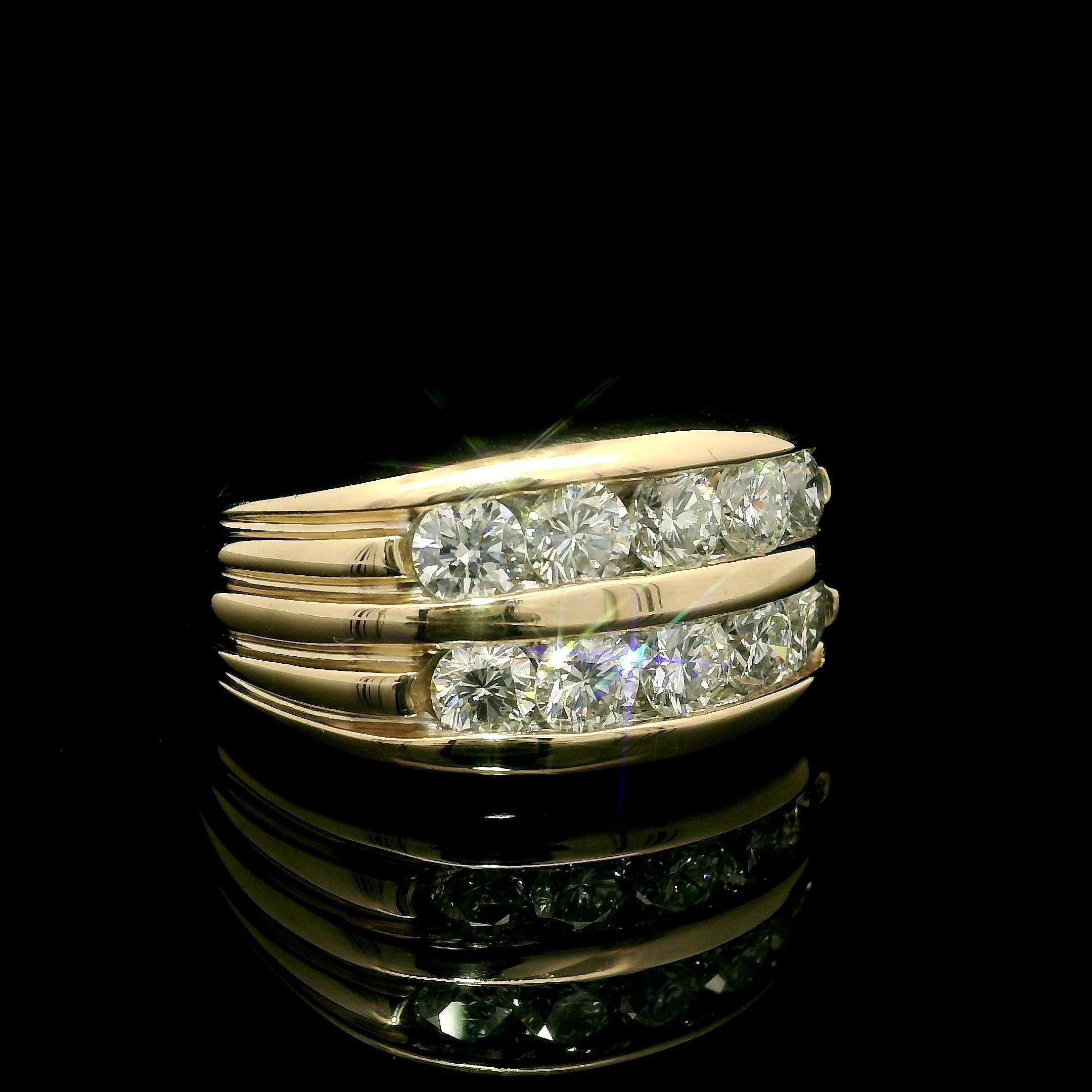–Stone(s)–
(10) Natural Genuine Diamond - Round Brilliant Cut - Channel Set - Nice Brilliant White Diamonds - Fiery G/H Color - VS2/SI1 Clarity - 1.80ctw (approx.) Incredibly Fiery and Brilliant!

Material: Solid 14k Yellow Gold 
Weight: 12