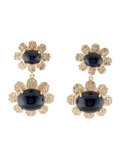 14K Yellow Gold 18.30ctw Sapphire 
Diamond Flower Drop Earrings Featuring Caboc