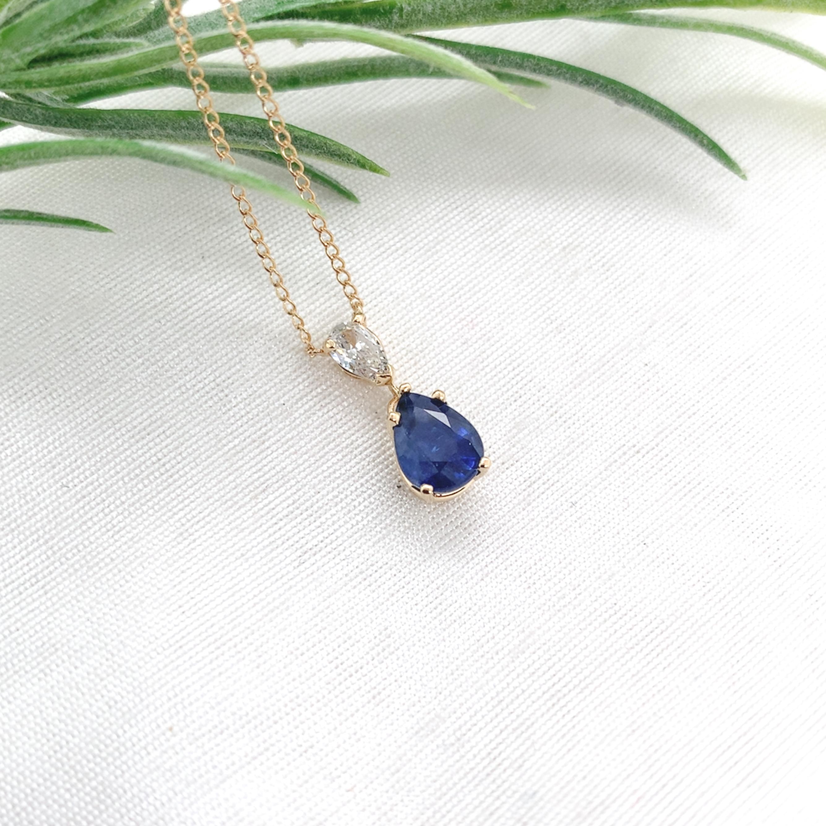 Collier en or jaune 14K saphir bleu et diamant de 1,84 carat 18