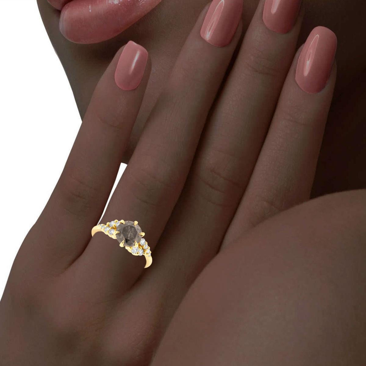 Round Cut 14k Yellow Gold 1.85 Carat Salt & Pepper Round Shape Diamond Ring For Sale