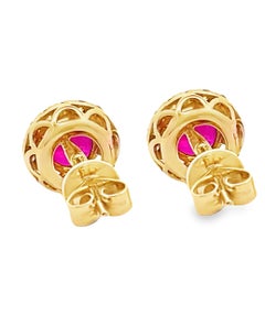 14K Yellow Gold 1.86 Ct Round Ruby & 0.30 Ct Halo Diamond Post Earrings