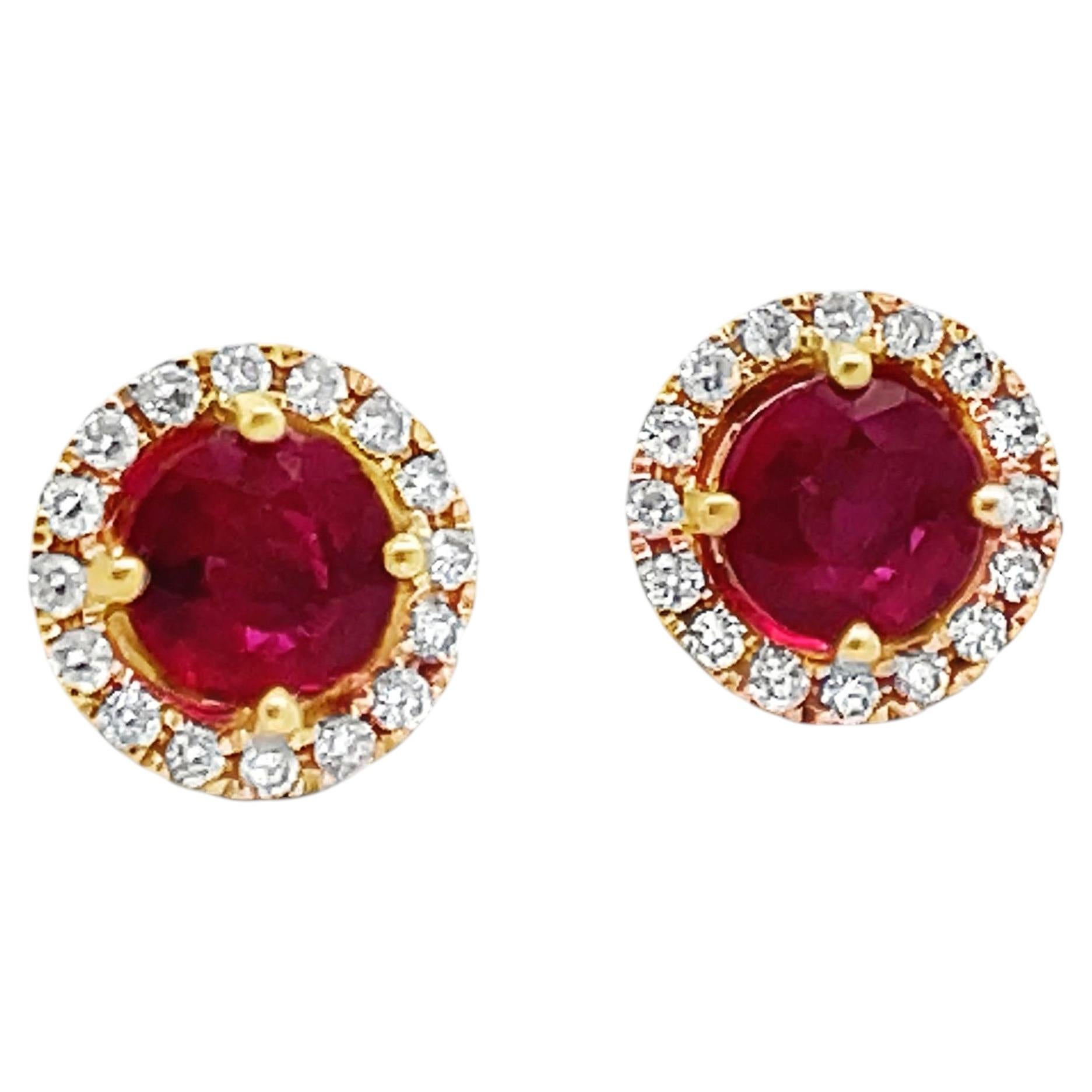 14K Yellow Gold 1.86 Ct Round Ruby & 0.30 Ct Halo Diamond Post Earrings
