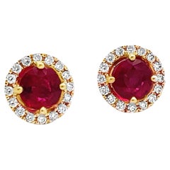 14K Yellow Gold 1.86 Ct Round Ruby & 0.30 Ct Halo Diamond Post Earrings