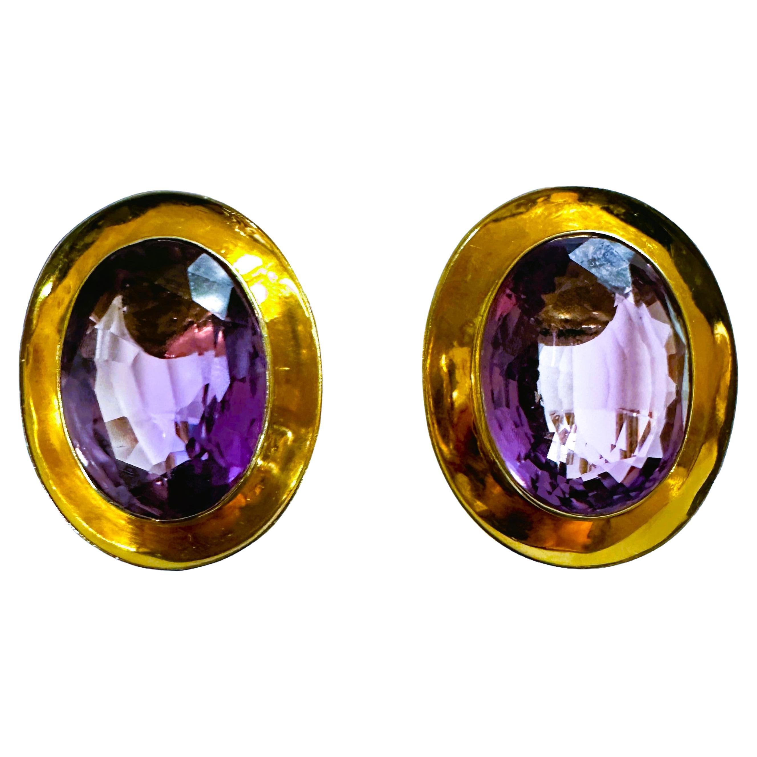 Boucles d
oreilles en or jaune 14k 18.64 ct Améthyste taille fantaisie Omega Back w Appraisal