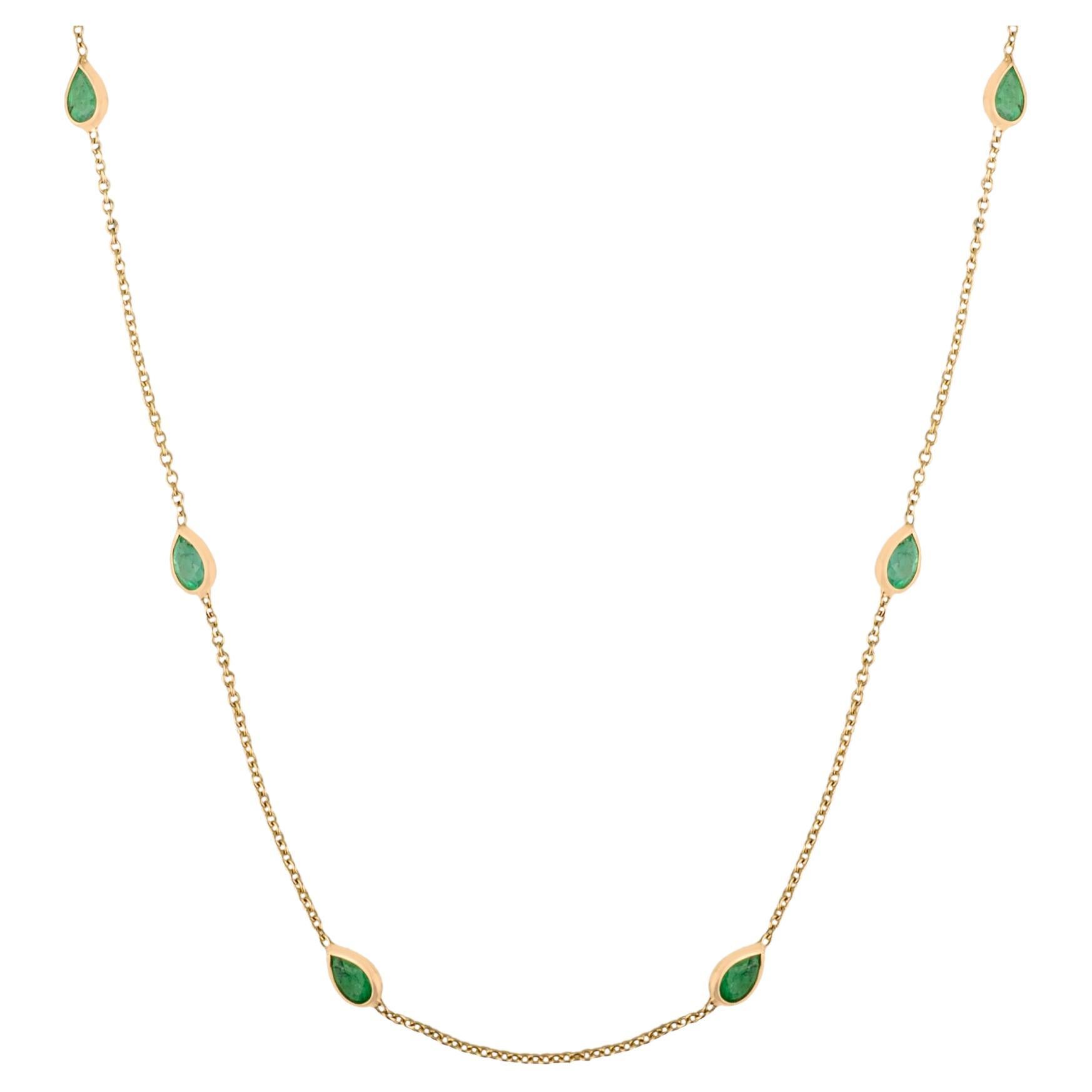 14K Yellow Gold 1.8Ct Pear Cut Emerald Station Chain Necklace Fine Jewelry Gift