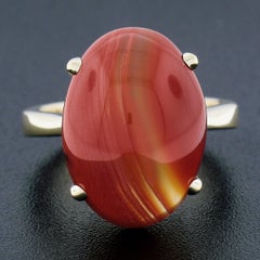 14k Yellow Gold 18x13mm Oval Cabochon Orange Prong Set Agate Solitaire Ring