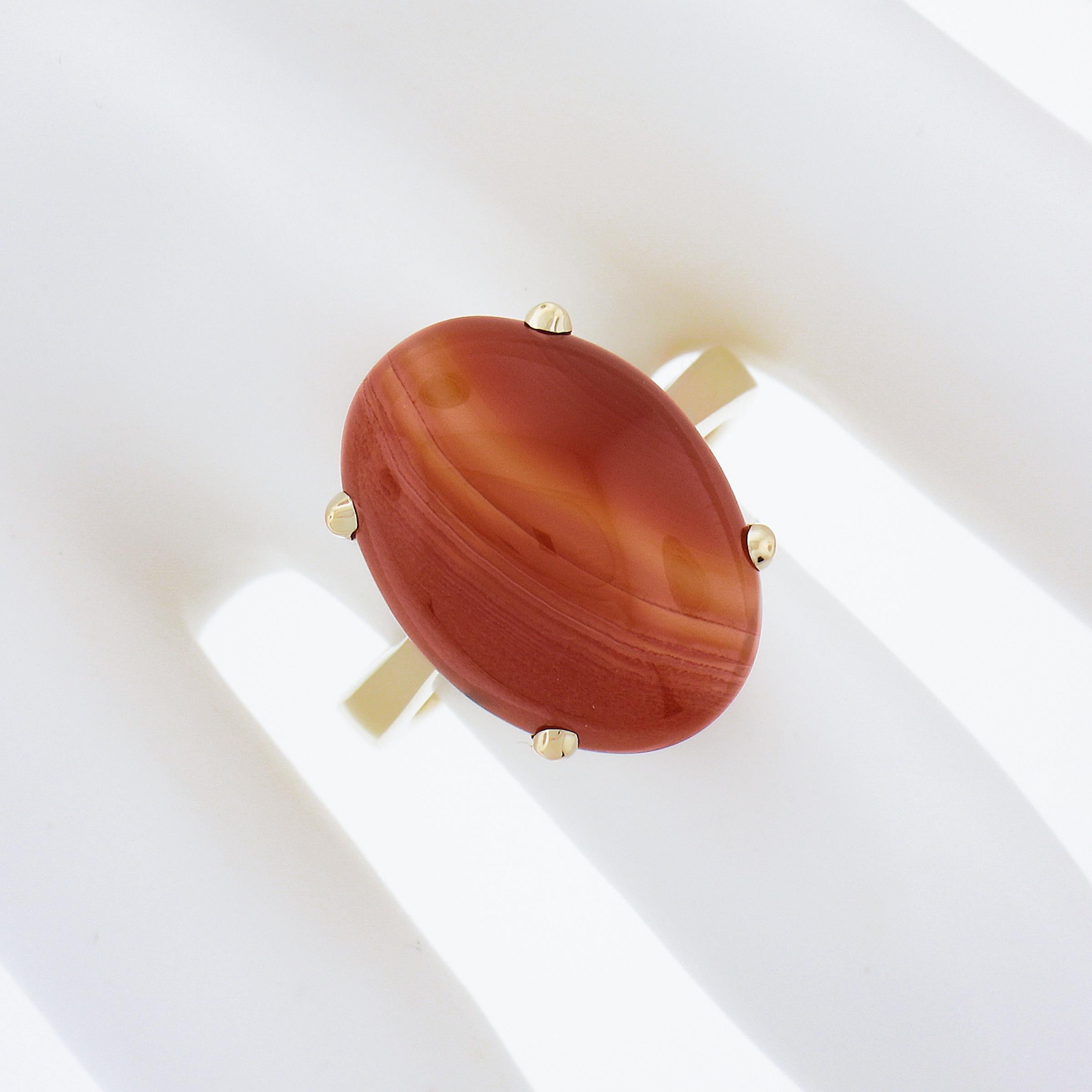 Oval Cut 14k Yellow Gold 18x13mm Oval Cabochon Orange Prong Set Agate Solitaire Ring For Sale