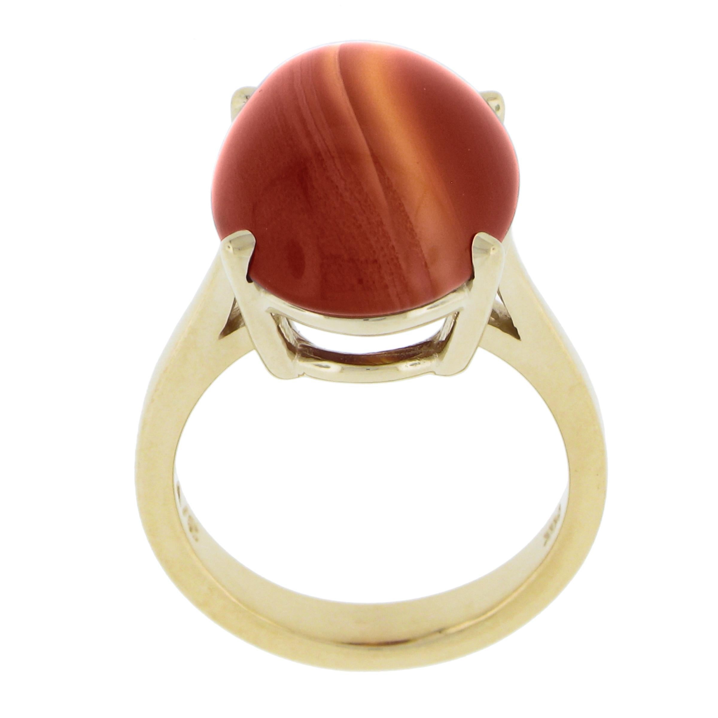 14k Yellow Gold 18x13mm Oval Cabochon Orange Prong Set Agate Solitaire Ring For Sale 1