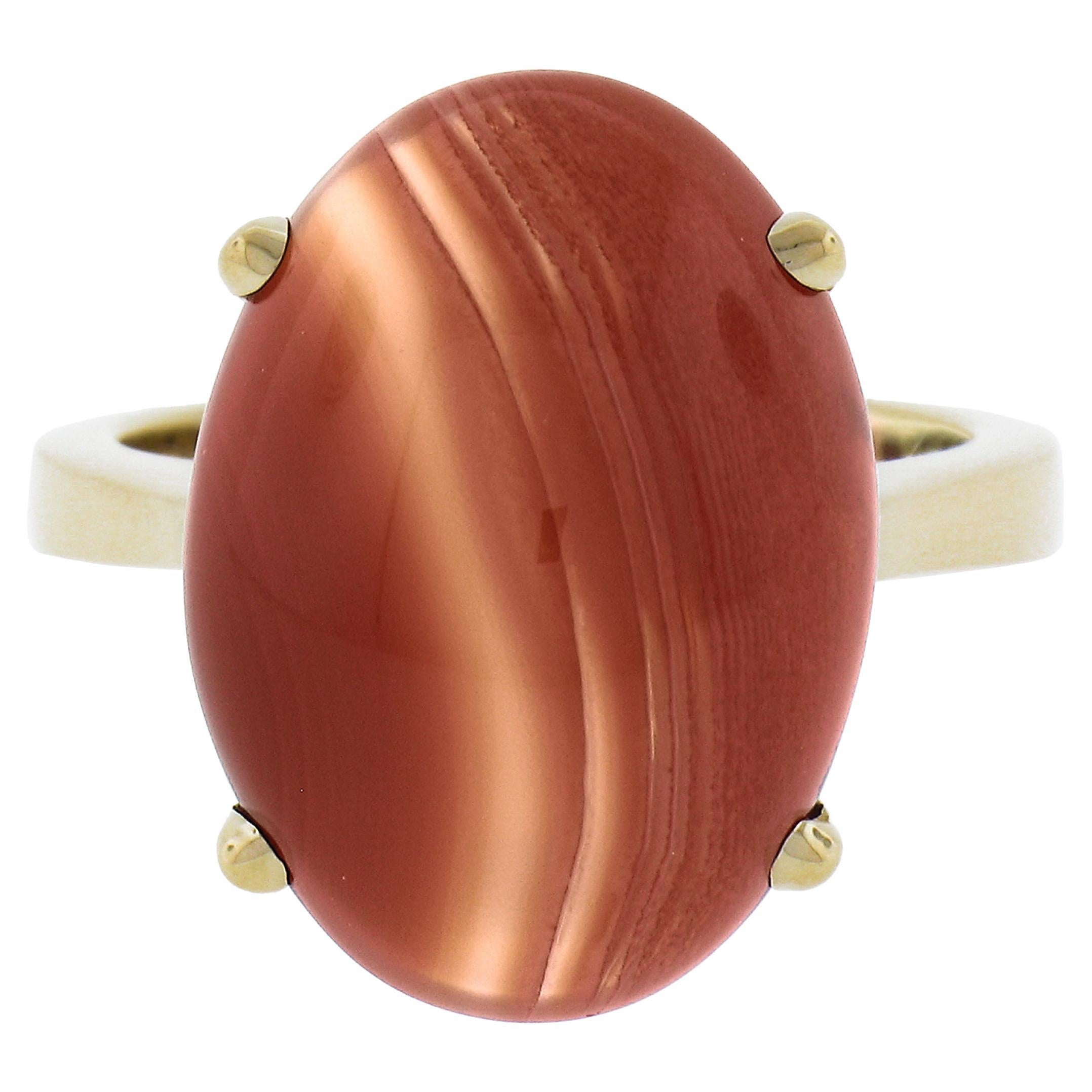 14k Yellow Gold 18x13mm Oval Cabochon Orange Prong Set Agate Solitaire Ring For Sale