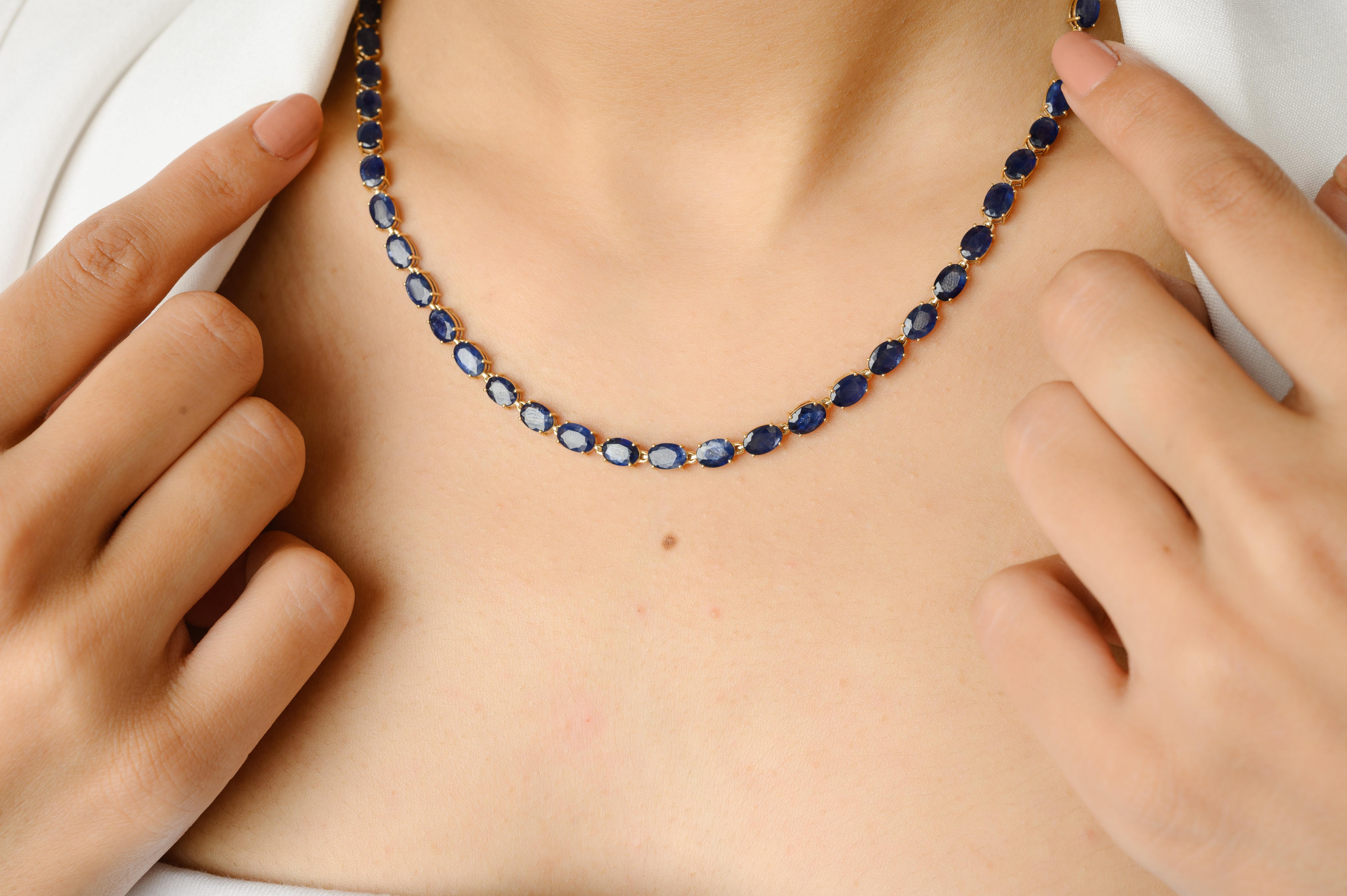 19.12ct Natural Blue Sapphire Earrings and Necklace Jewelry Set Crafted in 14K Gold studded with oval cut blue sapphire. This stunning piece of jewelry instantly elevates a casual look or dressy outfit. 
Sapphire stimulates concentration and reduces