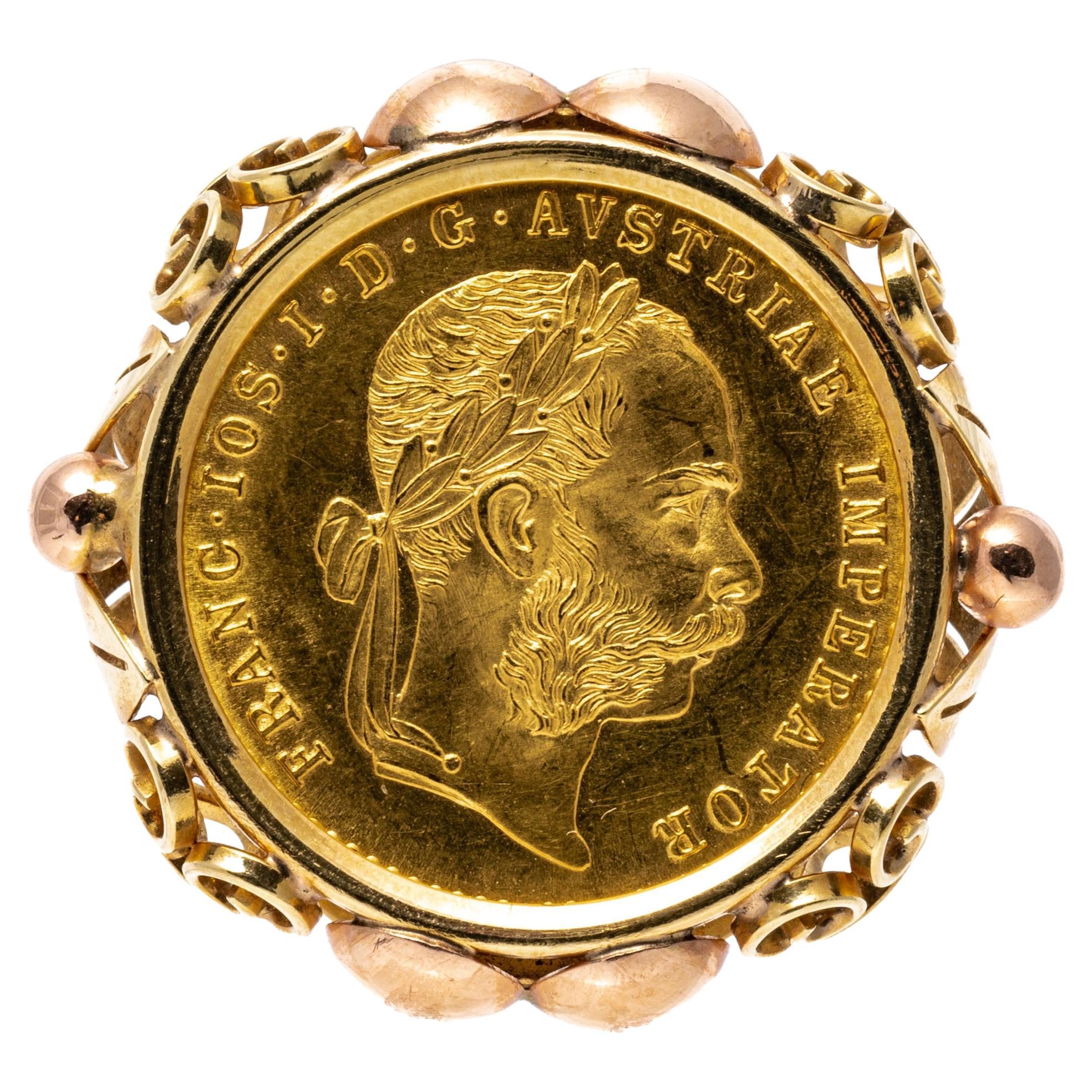 14k Yellow Gold 1915 Austria 4 Ducat Style Coin Ring For Sale