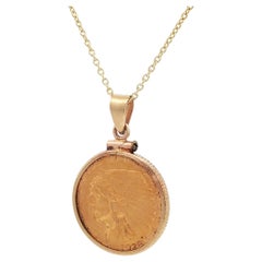 Collier pendentif en or jaune 14k Indian Head Eagle 1928 $2.50 Quarter Eagle Coin