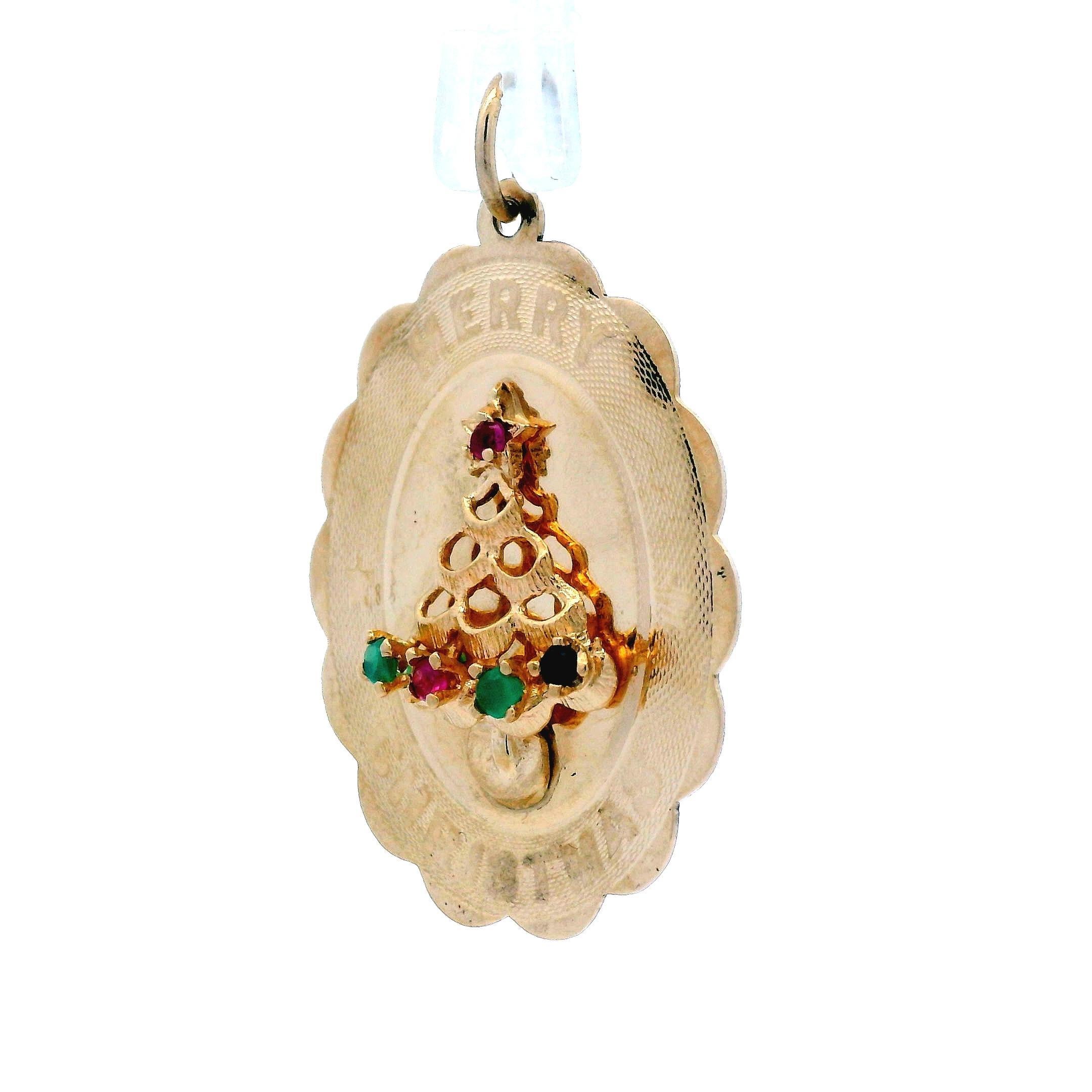 14k Gelbgold 1960er Jahre Mitte des Jahrhunderts Merry Christmas Tree Anhänger mit Rubin & Smaragd (Moderne) im Angebot