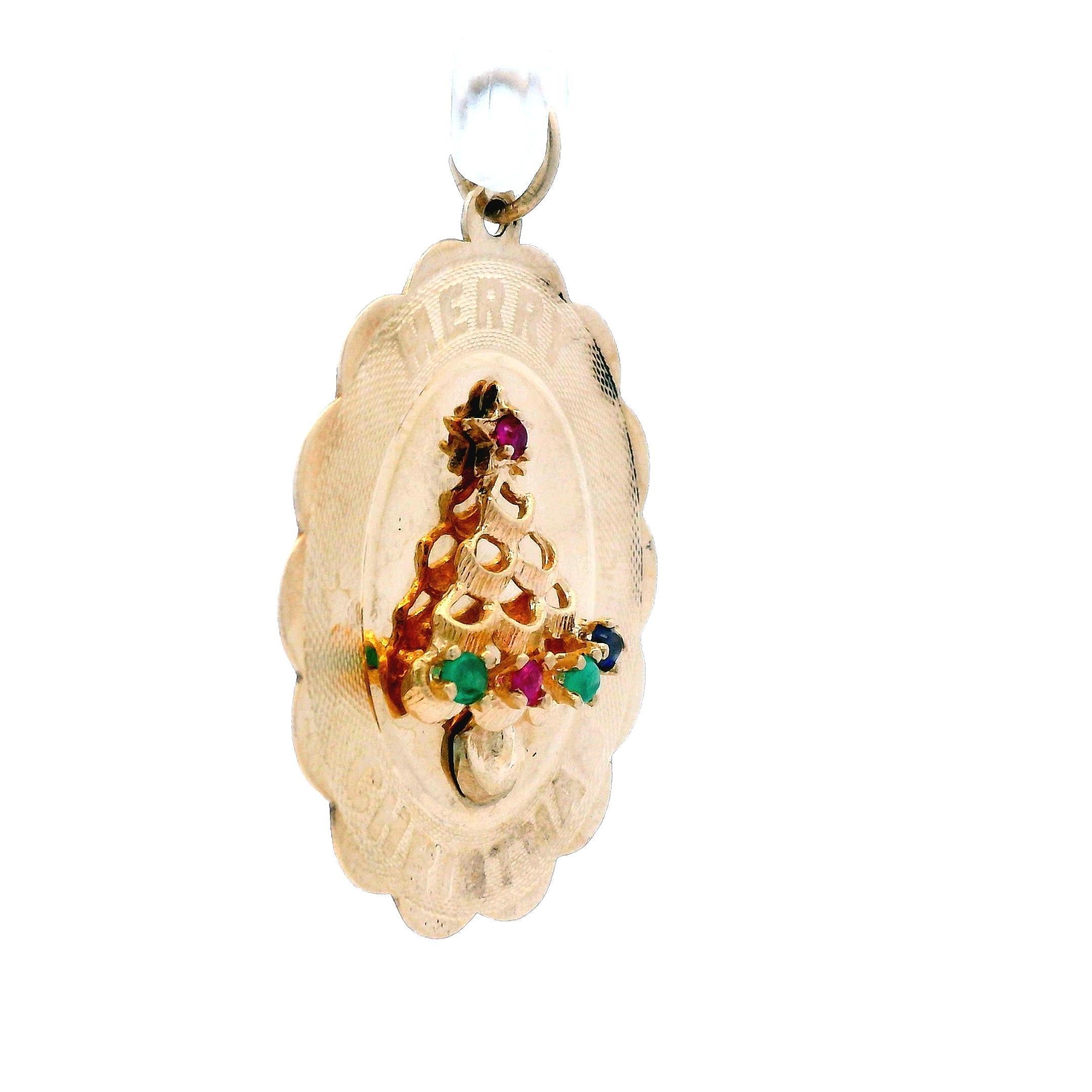 14k Gelbgold 1960er Jahre Mitte des Jahrhunderts Merry Christmas Tree Anhänger mit Rubin & Smaragd im Zustand „Gut“ im Angebot in Lexington, KY