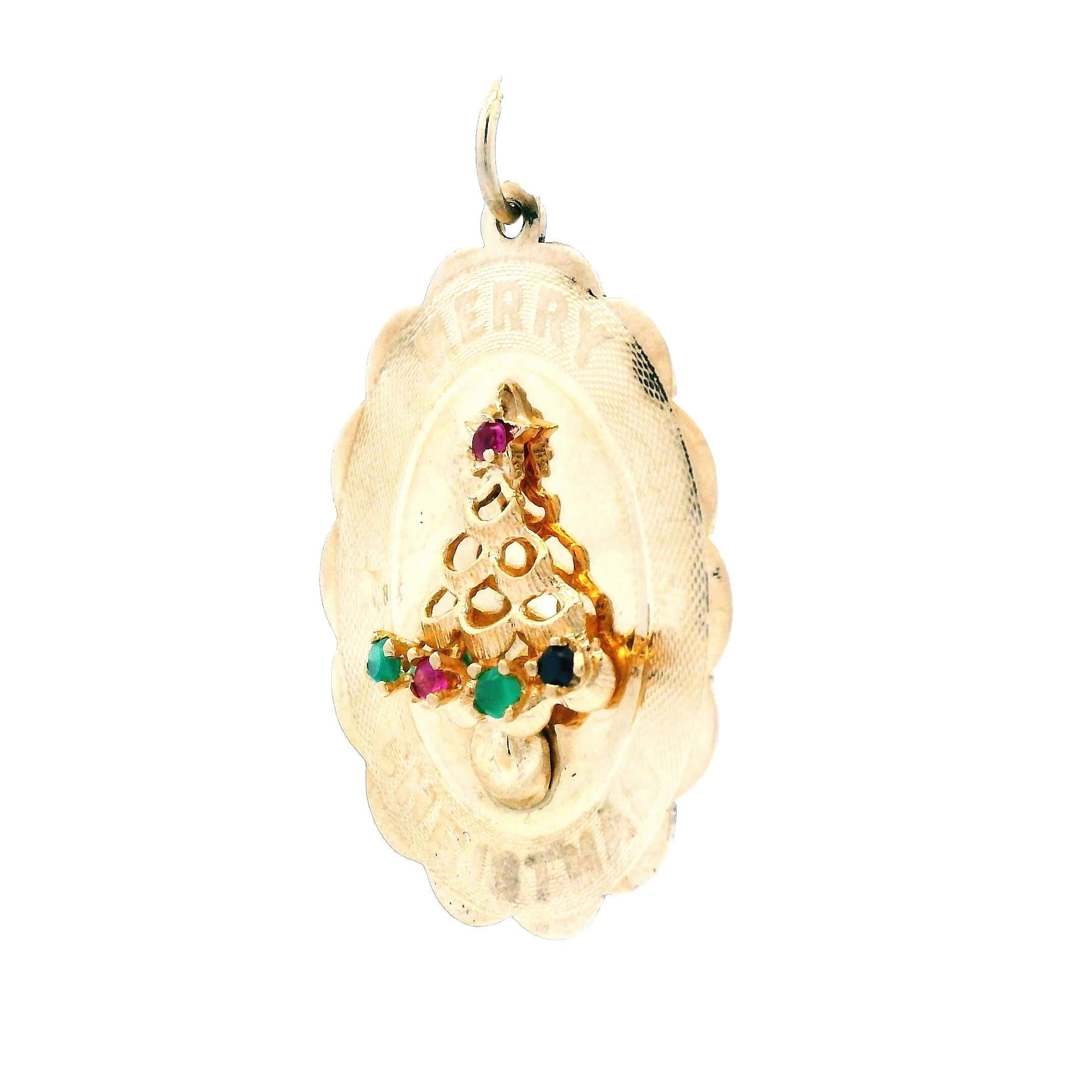 14k Gelbgold 1960er Jahre Mitte des Jahrhunderts Merry Christmas Tree Anhänger mit Rubin & Smaragd Damen im Angebot