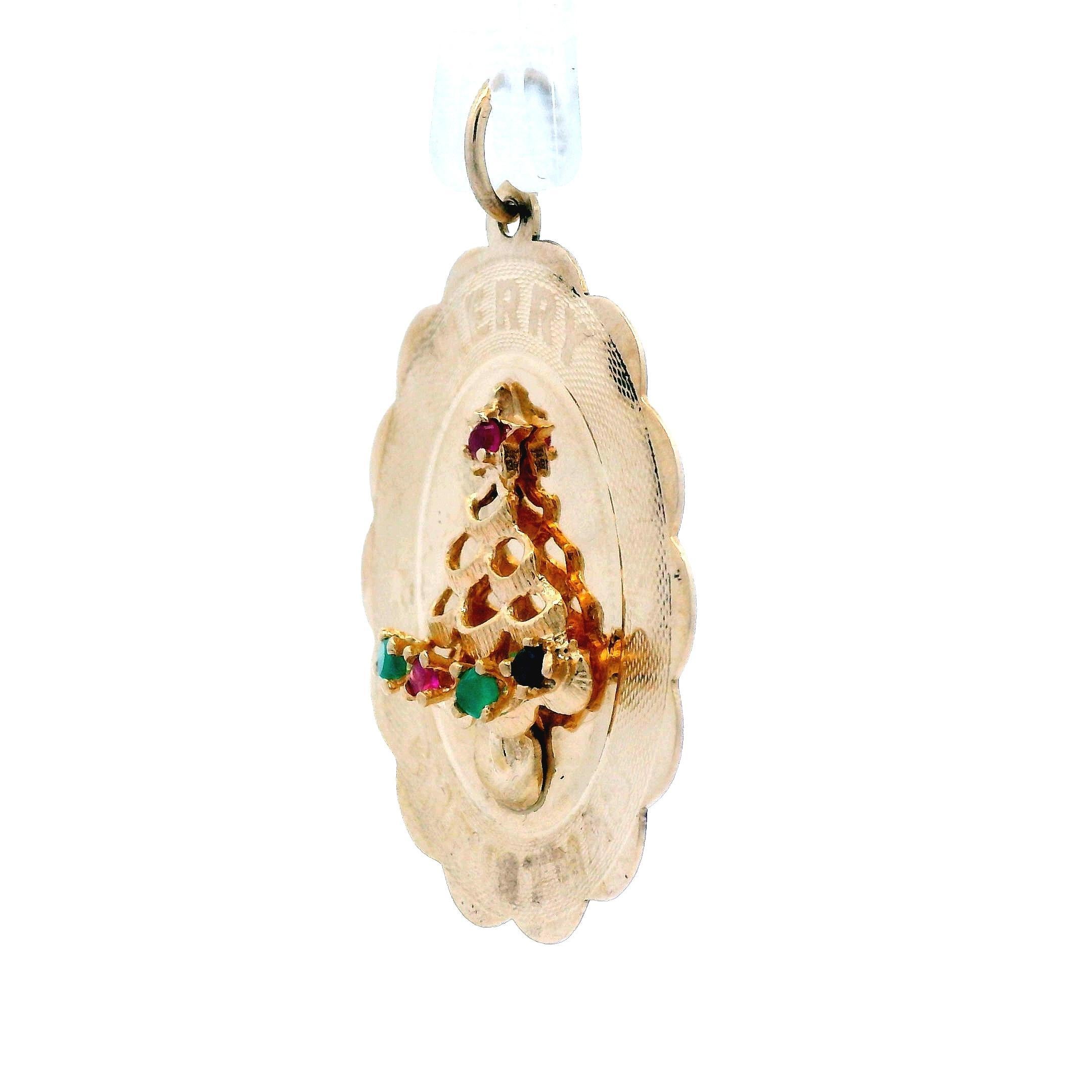 14k Gelbgold 1960er Jahre Mitte des Jahrhunderts Merry Christmas Tree Anhänger mit Rubin & Smaragd im Angebot 1