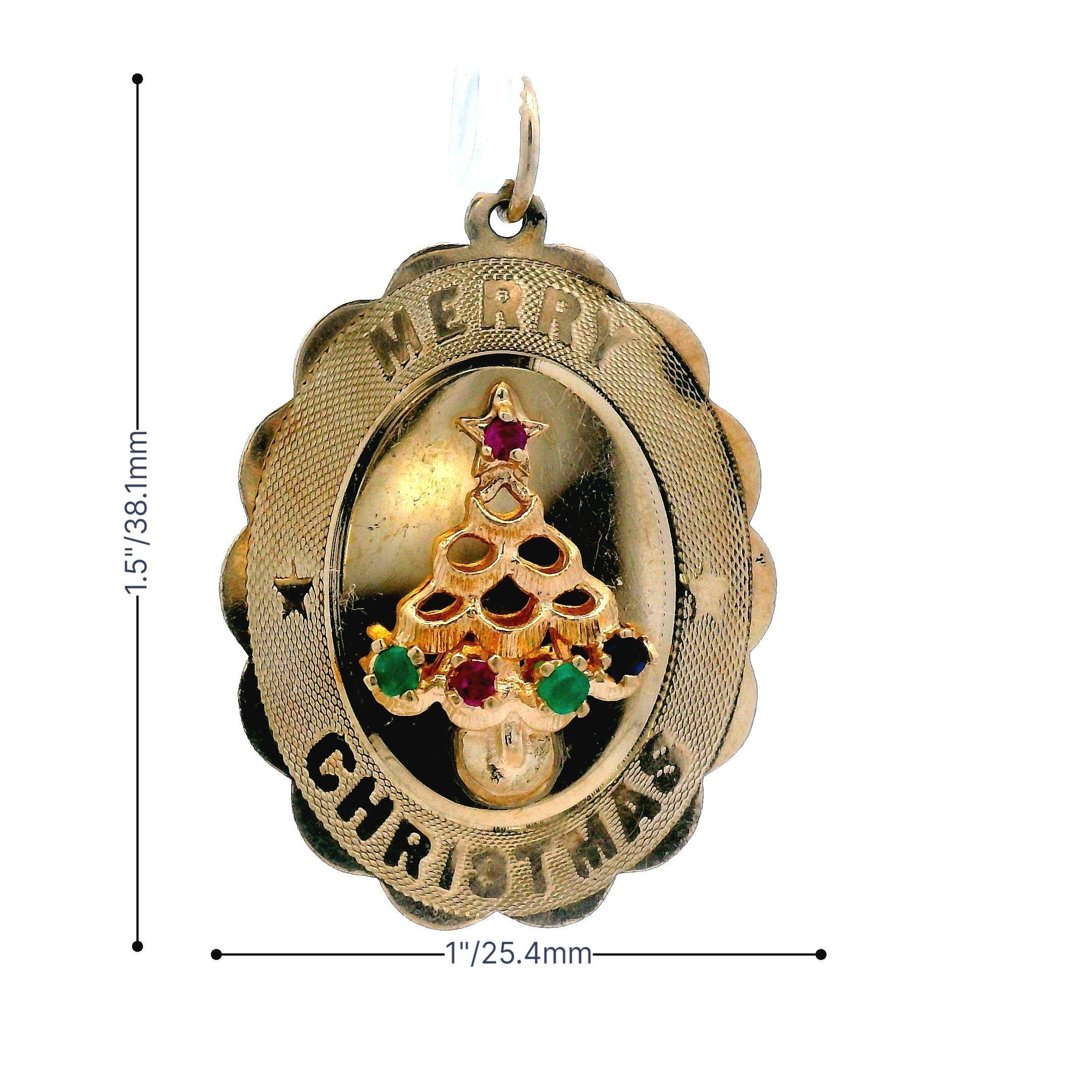 14k Gelbgold 1960er Jahre Mitte des Jahrhunderts Merry Christmas Tree Anhänger mit Rubin & Smaragd im Angebot 2