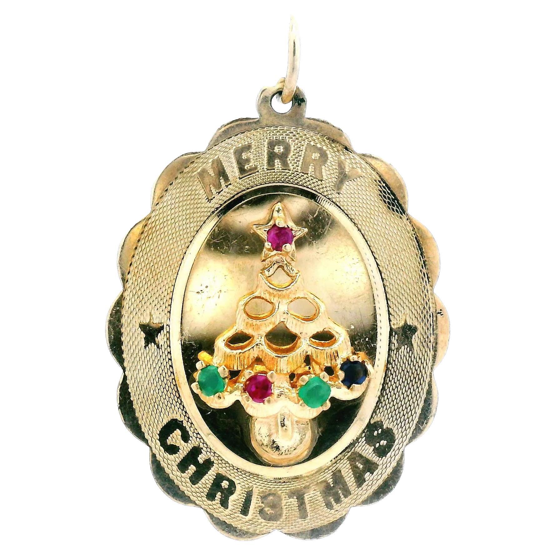 14k Yellow Gold 1960s Mid Century Merry Christmas Tree Pendant w/ Ruby & Emerald