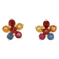 14K Yellow Gold 1.96ctw Multi-Color Sapphire Flower Stud Earrings