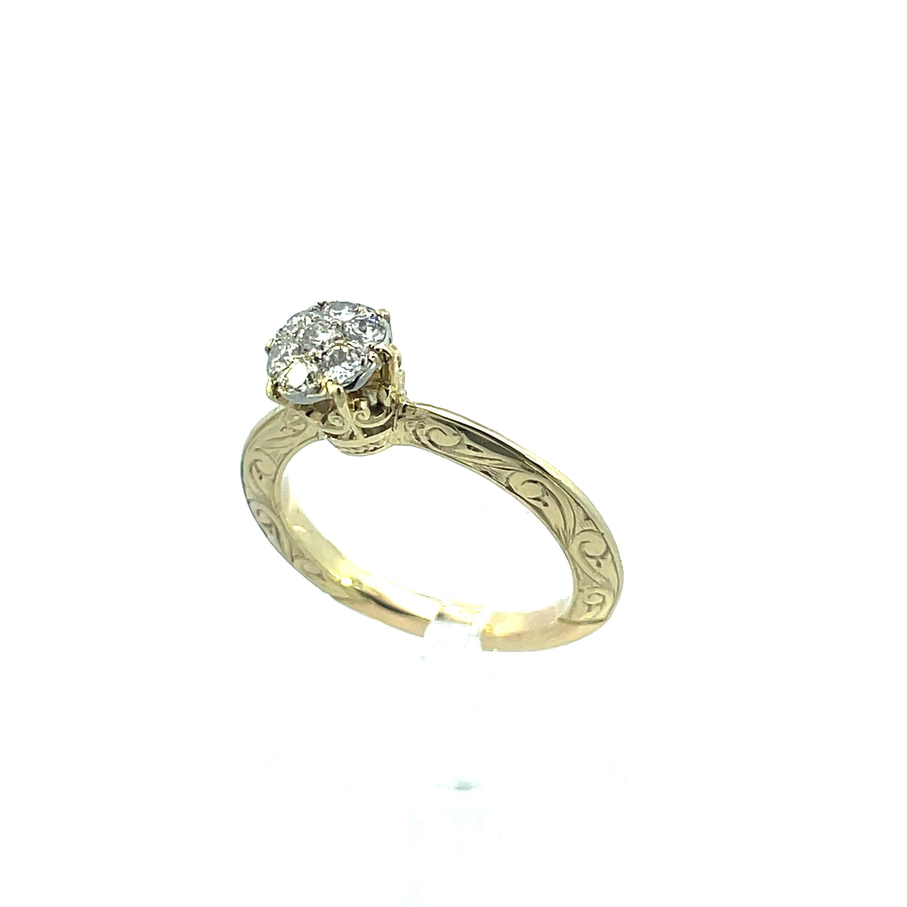 - 14K Yellow Gold 
- Platinum 
- .50 cttw G color Si1 clarity Diamond 
- Hand Engraved 
- Size 7.5 
- 4.74 Grams 
- 1890 

This is a gorgeous diamond ring from the Victorian period 1890, made in 14k yellow gold and a platinum head, with hand