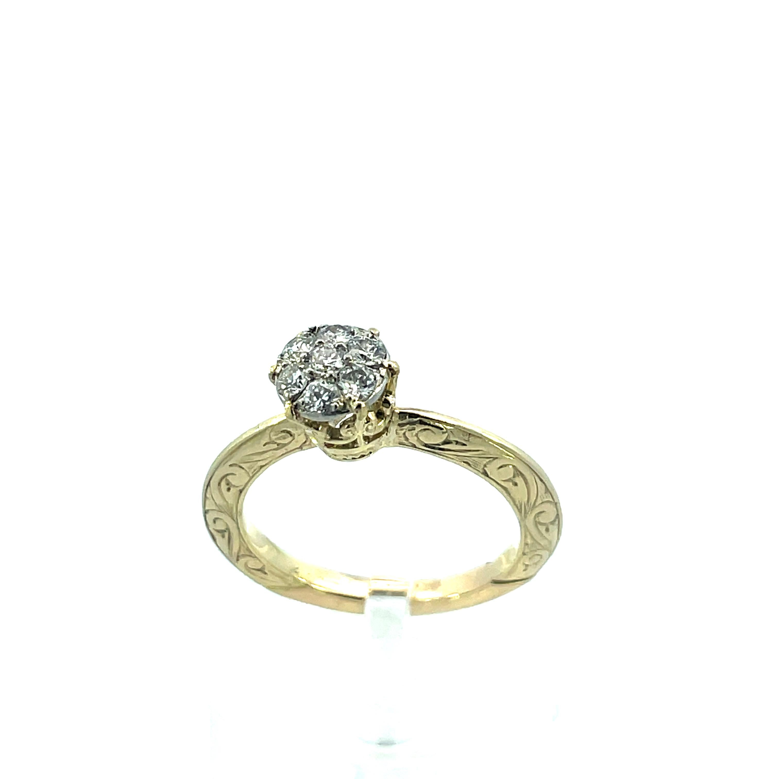 Round Cut 14K Yellow Gold 1980 Victorian Hand Engraved Diamond Ring W/ Platinum Head  For Sale