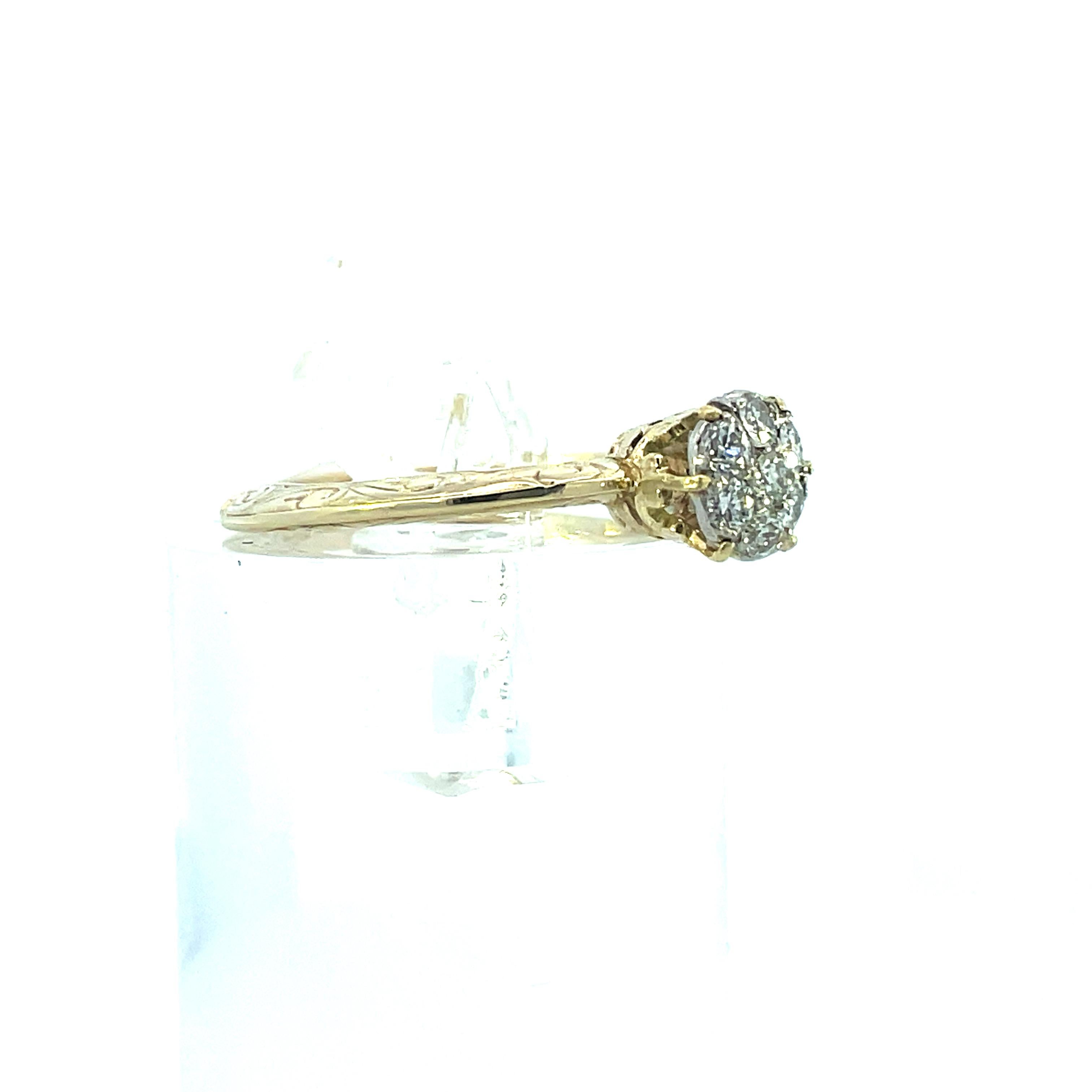 14K Yellow Gold 1980 Victorian Hand Engraved Diamond Ring W/ Platinum Head  In Excellent Condition For Sale In Lexington, KY