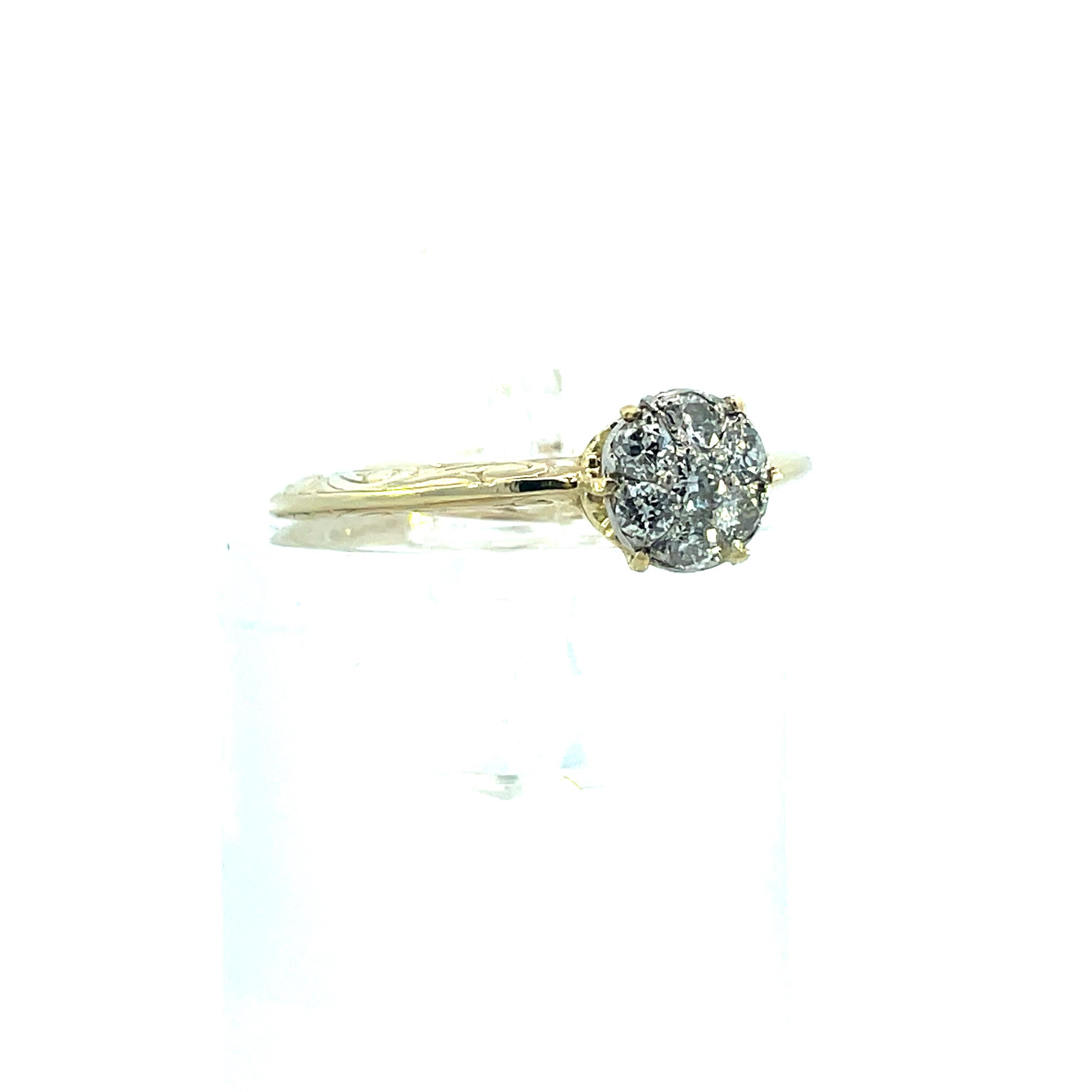 Women's or Men's 14K Yellow Gold 1980 Victorian Hand Engraved Diamond Ring W/ Platinum Head  For Sale