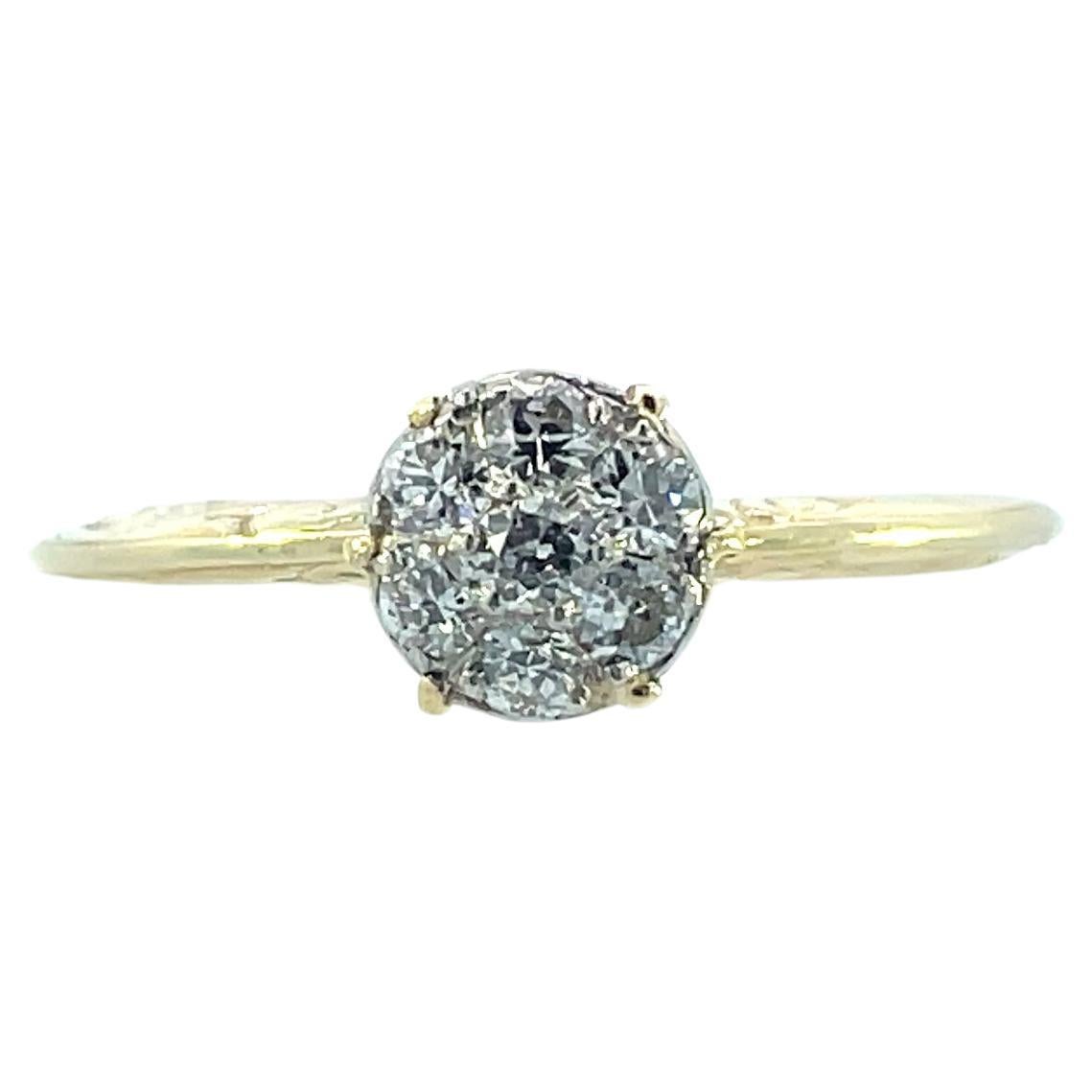 14K Yellow Gold 1980 Victorian Hand Engraved Diamond Ring W/ Platinum Head  For Sale