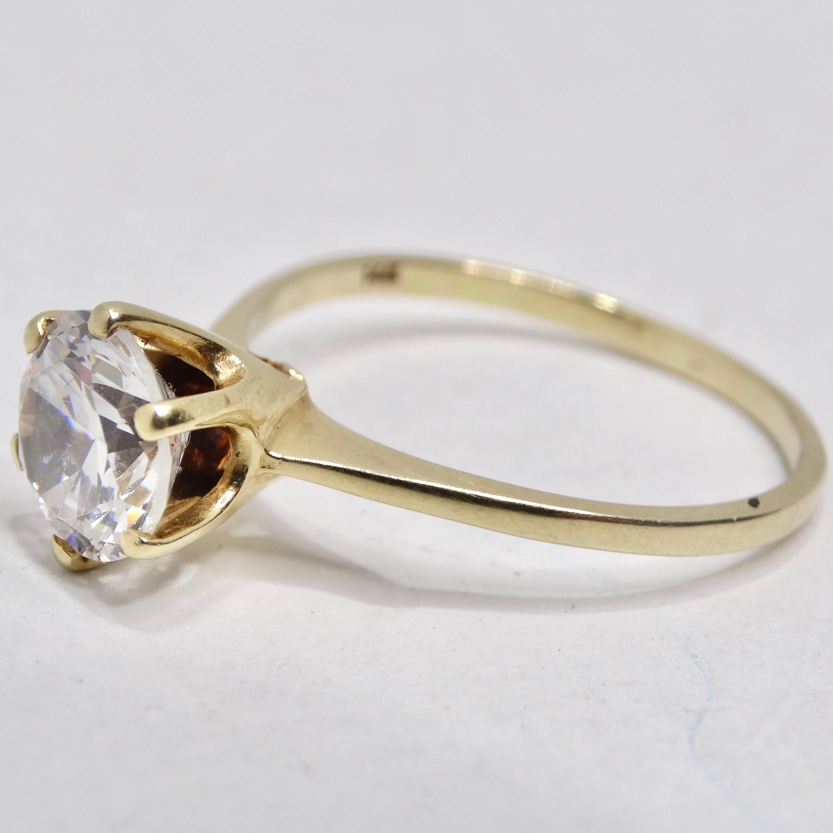 Women's or Men's 14K Yellow Gold 1980s Cubic Zirconia Engagement Ring For Sale