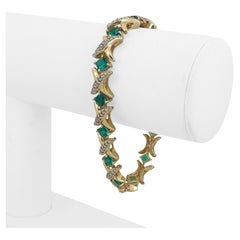 14k Yellow Gold 19g Vintage Emerald and Diamond Link Bracelet 7"