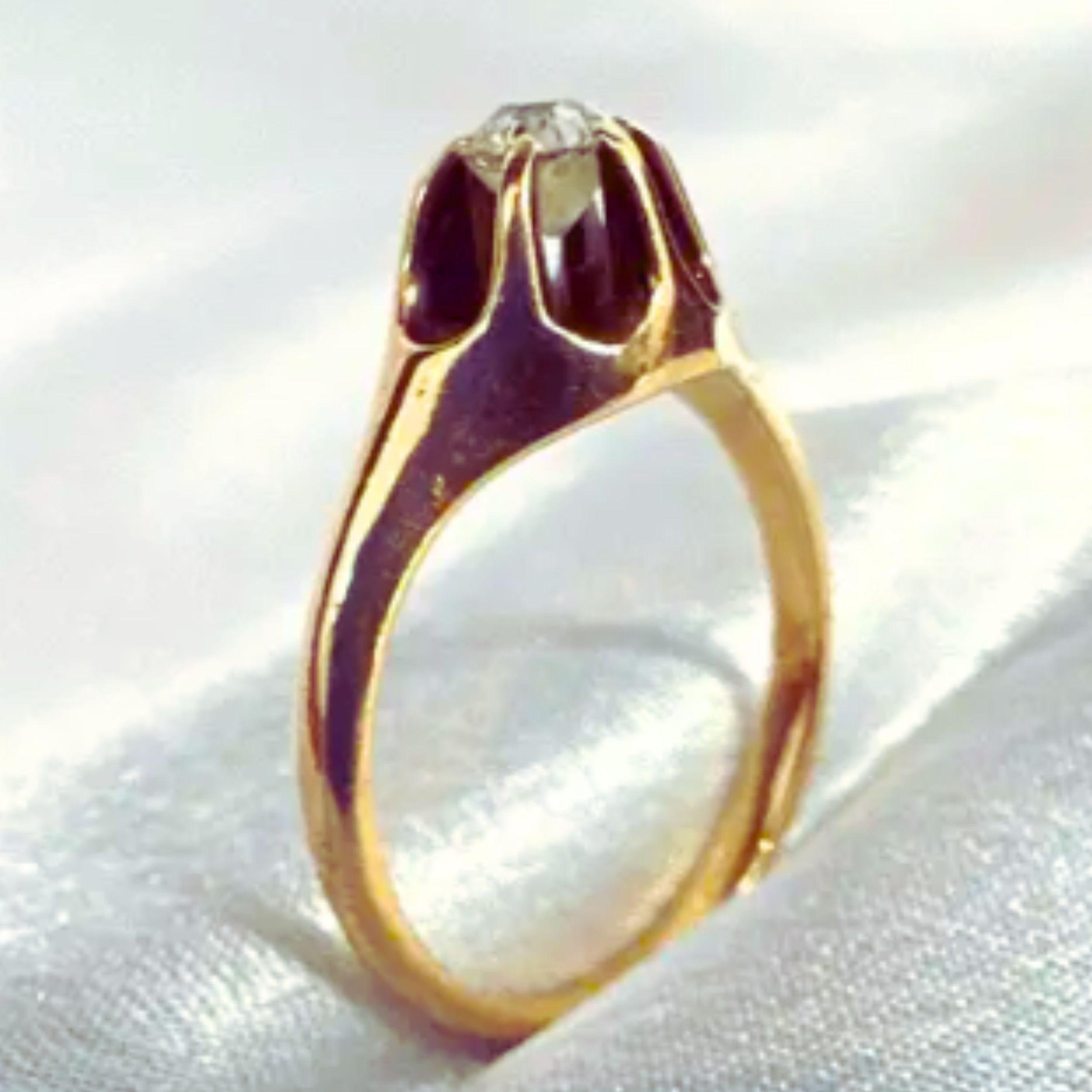 Bague du 19e siècle en or jaune 14K avec diamant blanc taillé en brillant  Taille 5.75 en vente 6